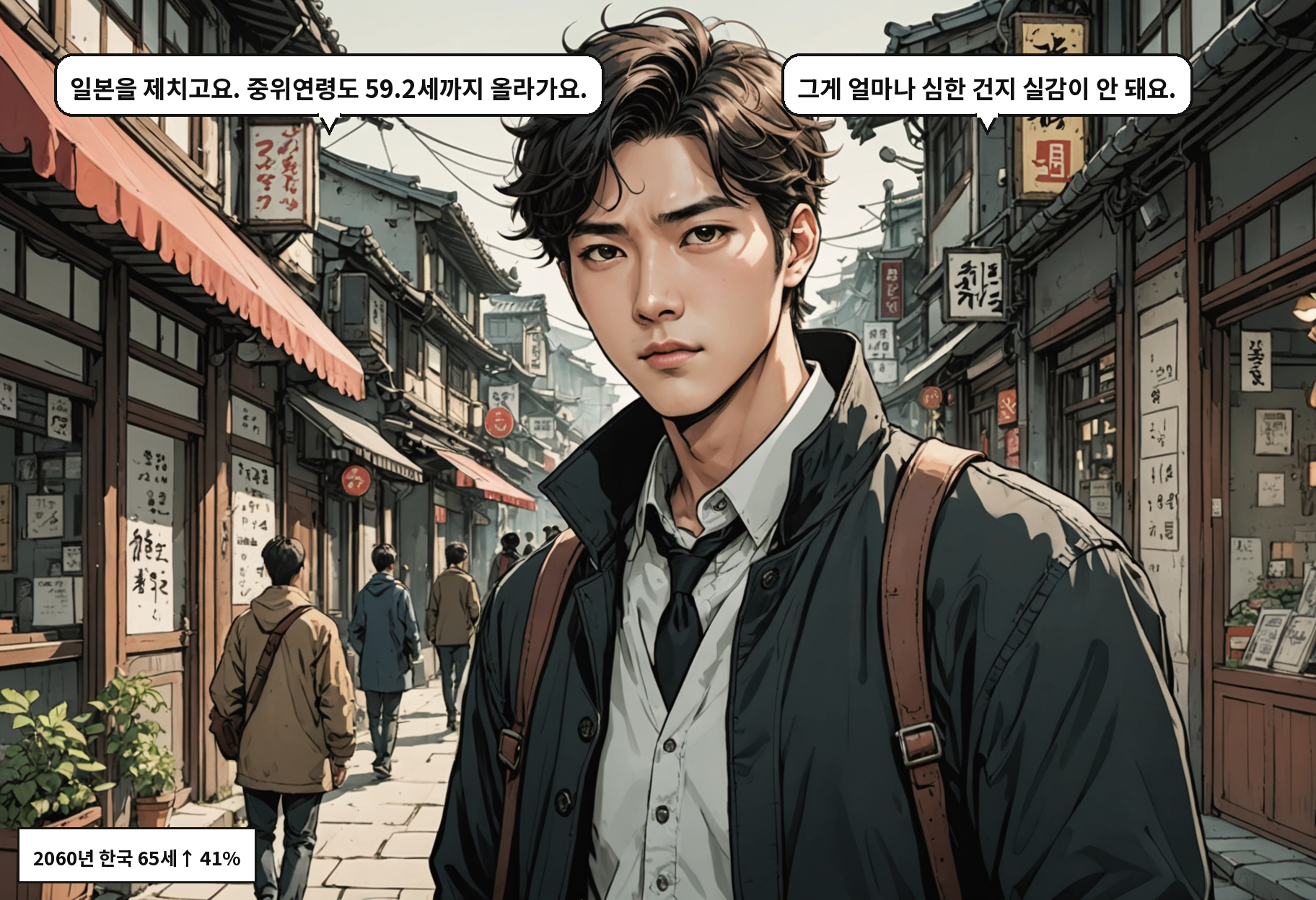A: 일본을 제치고요. 중위연령도 59.2세까지 올라가요. B: 그게 얼마나 심한 건지 실감이 안 돼요.