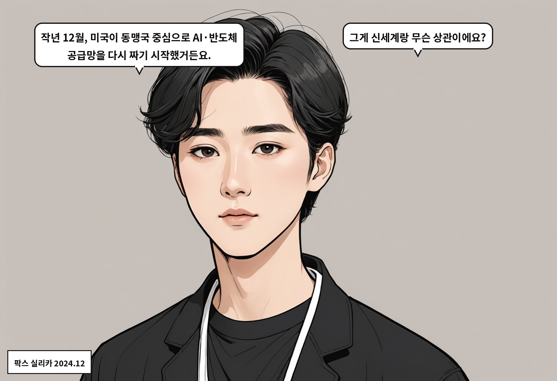 B: 작년 12월, 미국이 동맹국 중심으로 AI·반도체 공급망을 다시 짜기 시작했거든요. A: 그게 신세계랑 무슨 상관이에요?