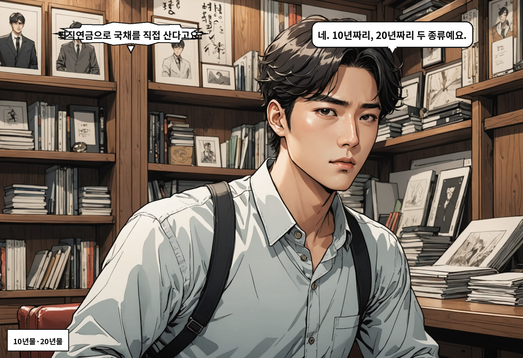 A: 퇴직연금으로 국채를 직접 산다고요? B: 네. 10년짜리, 20년짜리 두 종류예요.