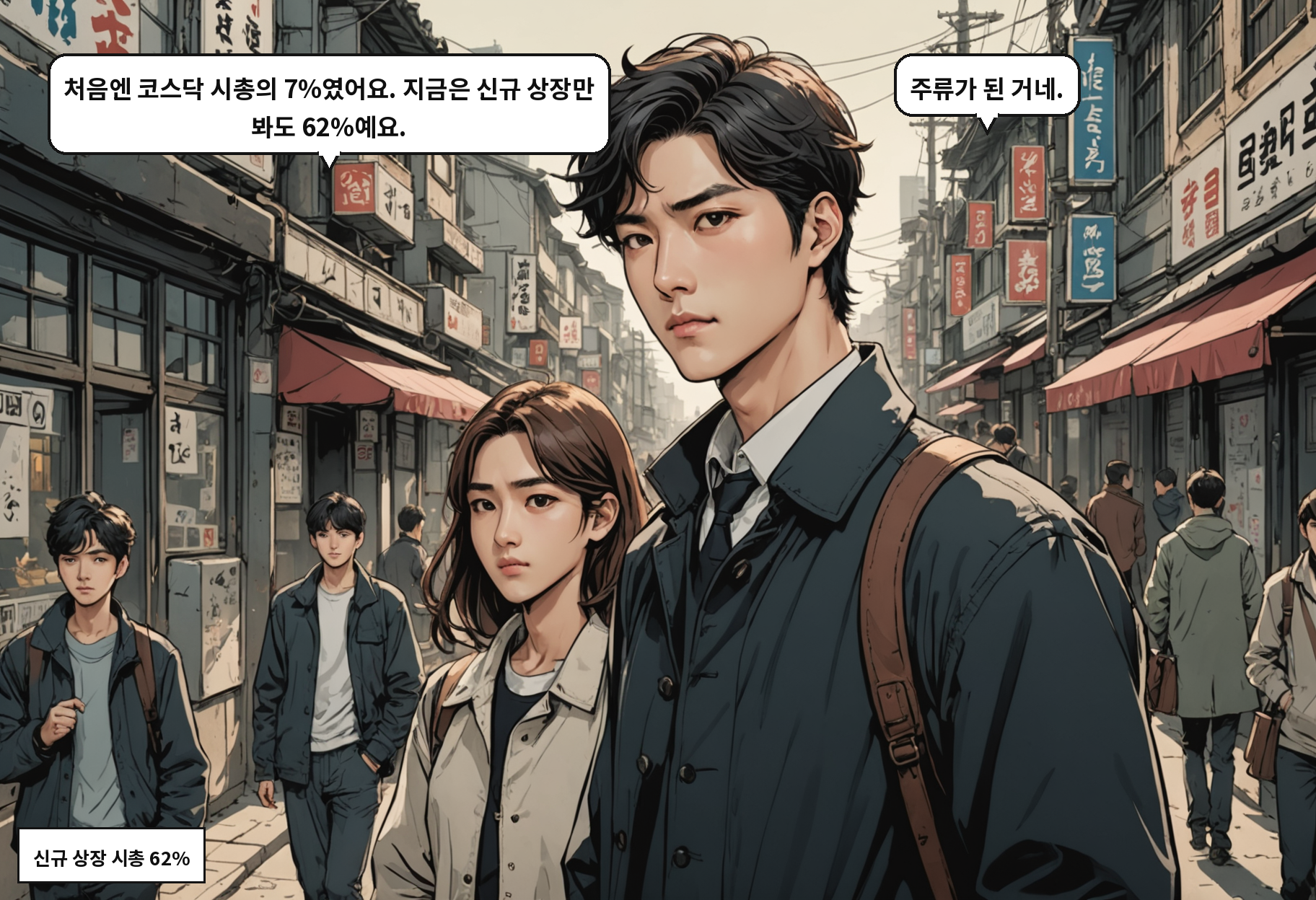 A: 처음엔 코스닥 시총의 7%였어요. 지금은 신규 상장만 봐도 62%예요. B: 주류가 된 거네.
