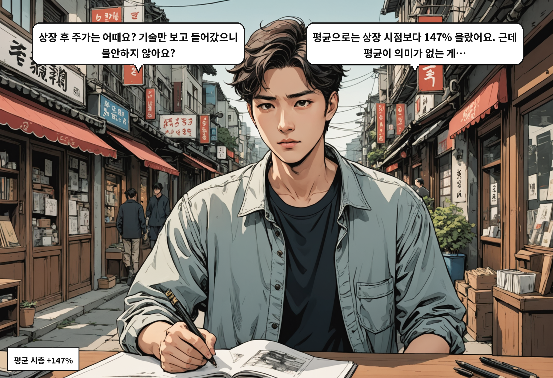 B: 상장 후 주가는 어때요? 기술만 보고 들어갔으니 불안하지 않아요? A: 평균으로는 상장 시점보다 147% 올랐어요. 근데 평균이 의미가 없는 게…