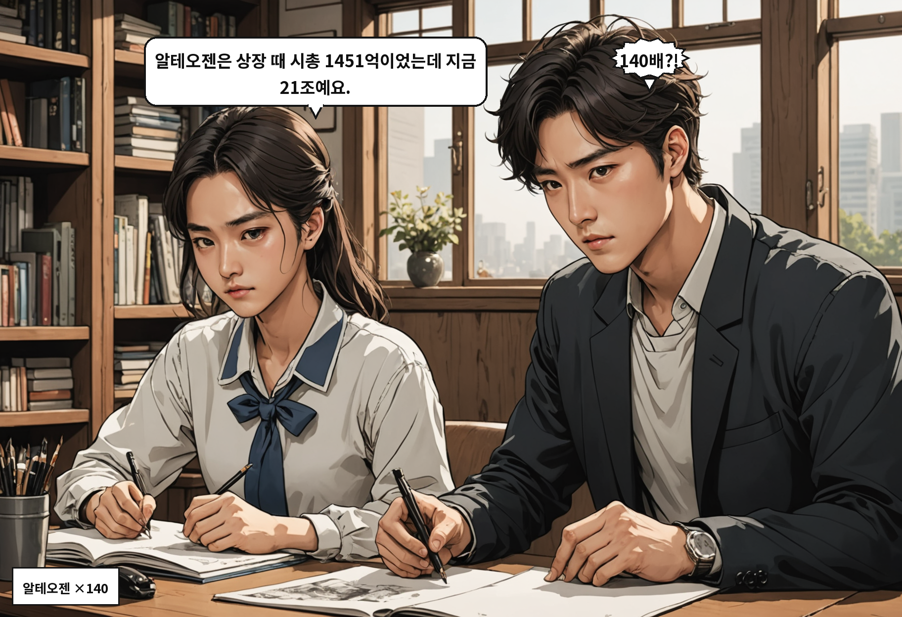 A: 알테오젠은 상장 때 시총 1451억이었는데 지금 21조예요. B: 140배?!