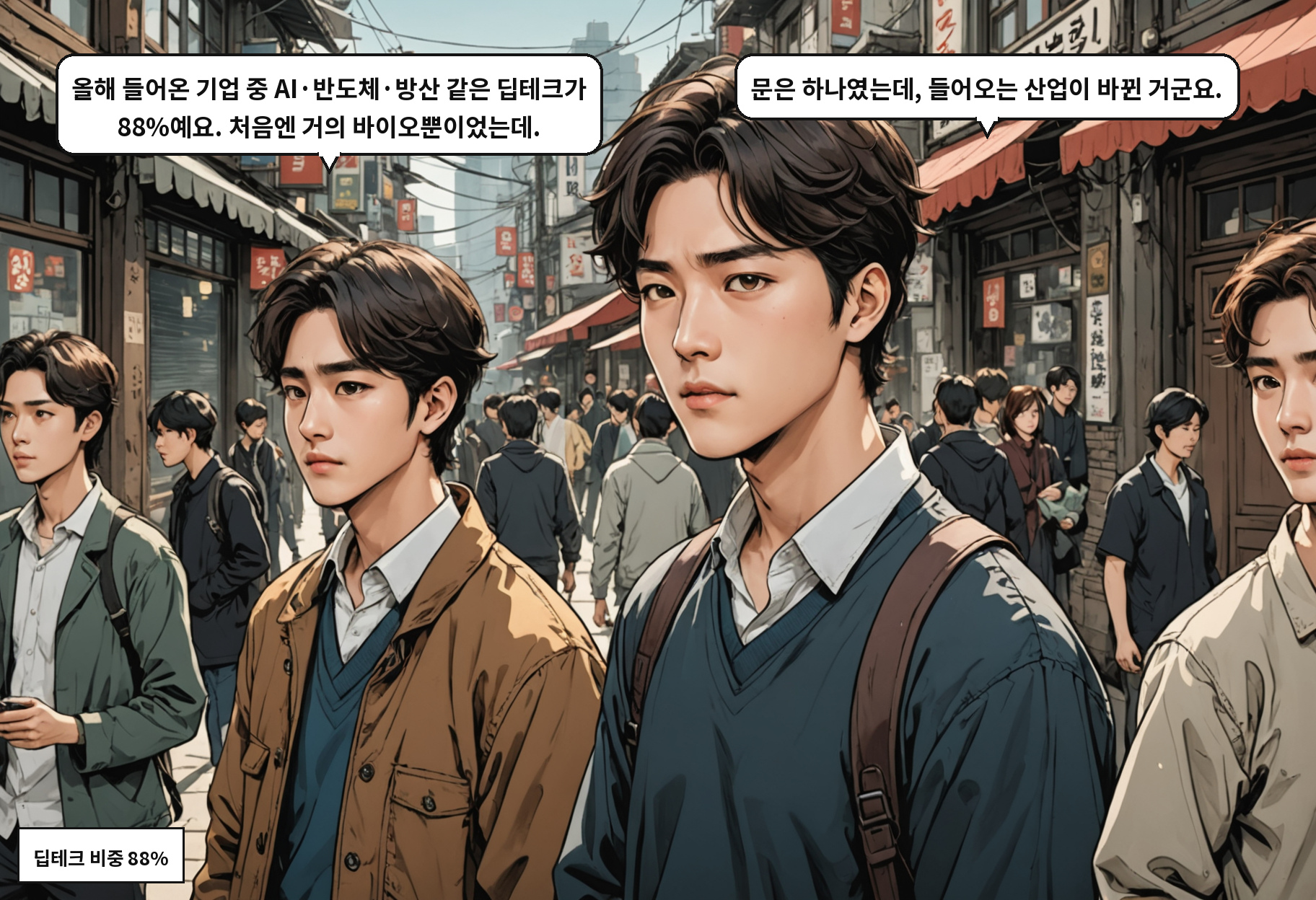 A: 올해 들어온 기업 중 AI·반도체·방산 같은 딥테크가 88%예요. 처음엔 거의 바이오뿐이었는데. B: 문은 하나였는데, 들어오는 산업이 바뀐 거군요.