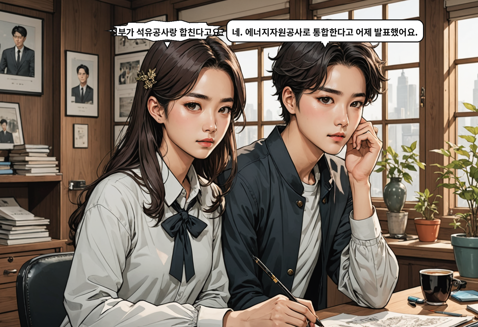 B: 정부가 석유공사랑 합친다고요? A: 네. 에너지자원공사로 통합한다고 어제 발표했어요.