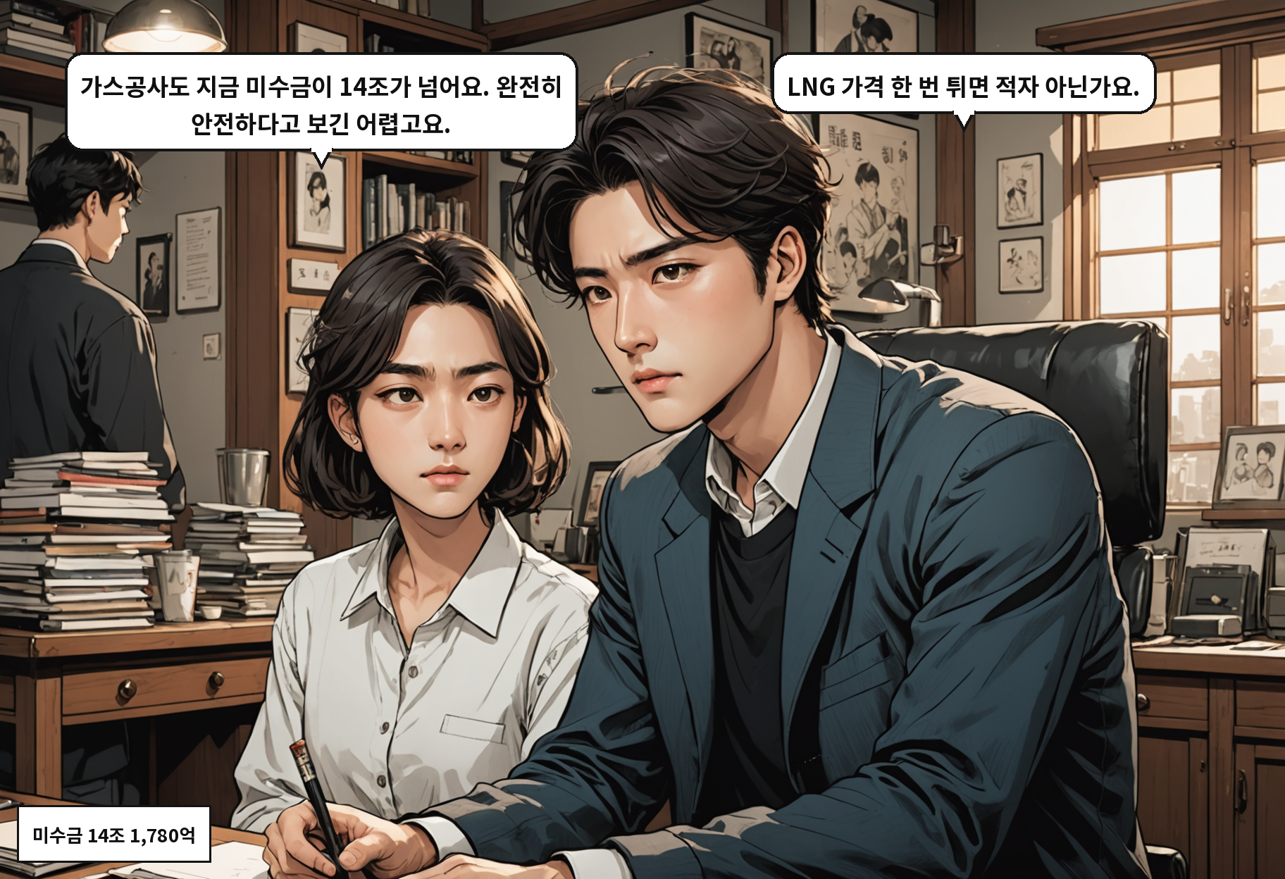 A: 가스공사도 지금 미수금이 14조가 넘어요. 완전히 안전하다고 보긴 어렵고요. B: LNG 가격 한 번 튀면 적자 아닌가요.
