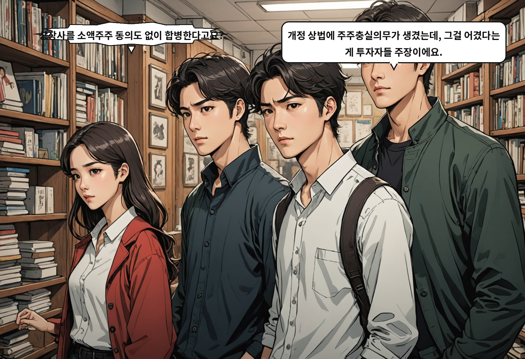 B: 상장사를 소액주주 동의도 없이 합병한다고요? A: 개정 상법에 주주충실의무가 생겼는데, 그걸 어겼다는 게 투자자들 주장이에요.