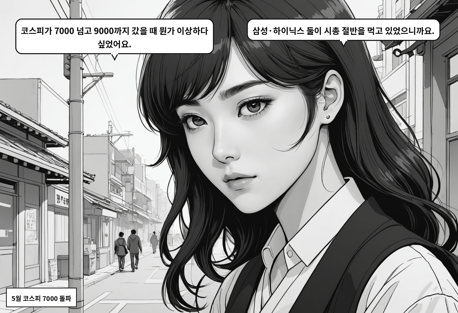 A: 코스피가 7000 넘고 9000까지 갔을 때 뭔가 이상하다 싶었어요. B: 삼성·하이닉스 둘이 시총 절반을 먹고 있었으니까요.