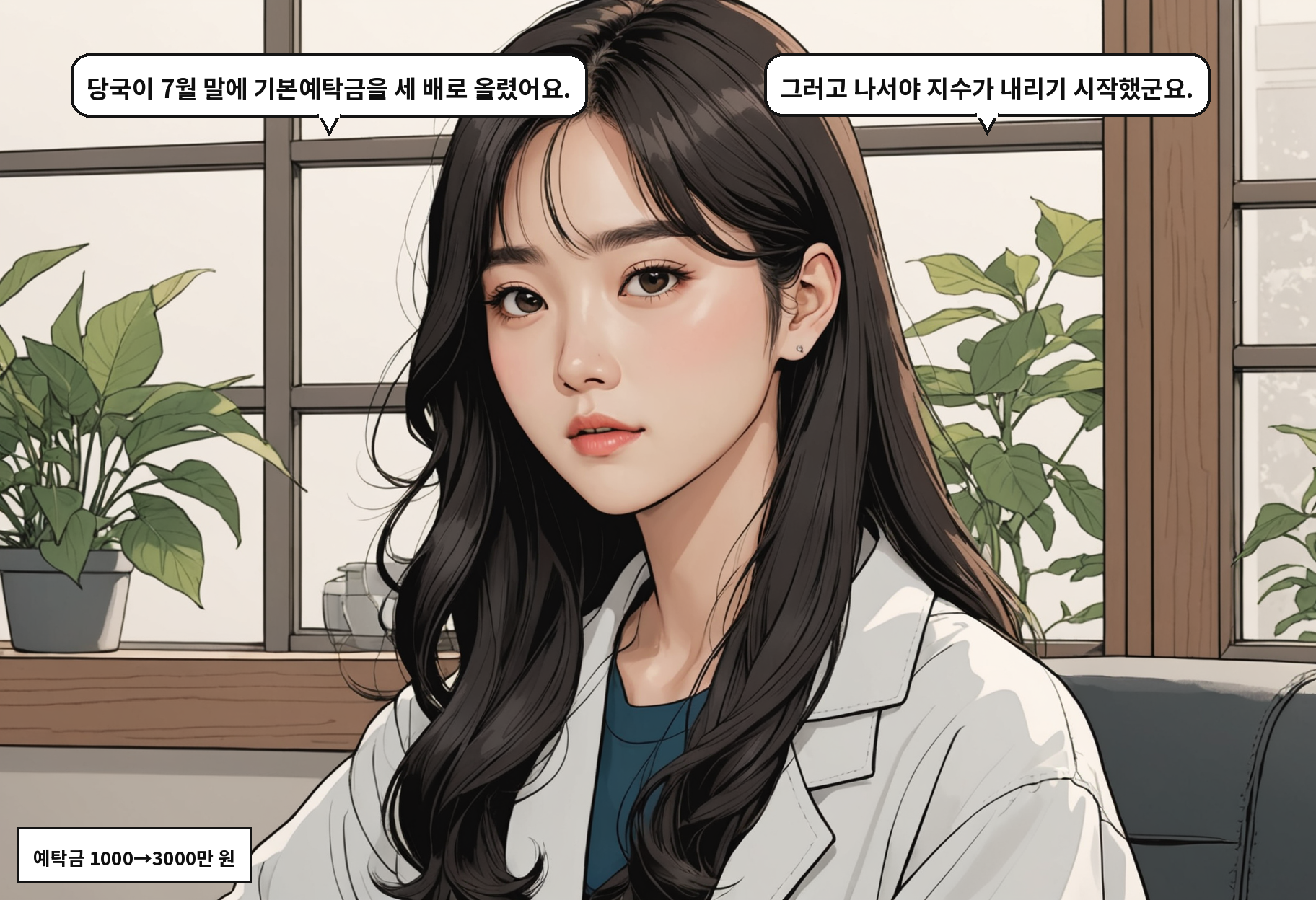 B: 당국이 7월 말에 기본예탁금을 세 배로 올렸어요. A: 그러고 나서야 지수가 내리기 시작했군요.