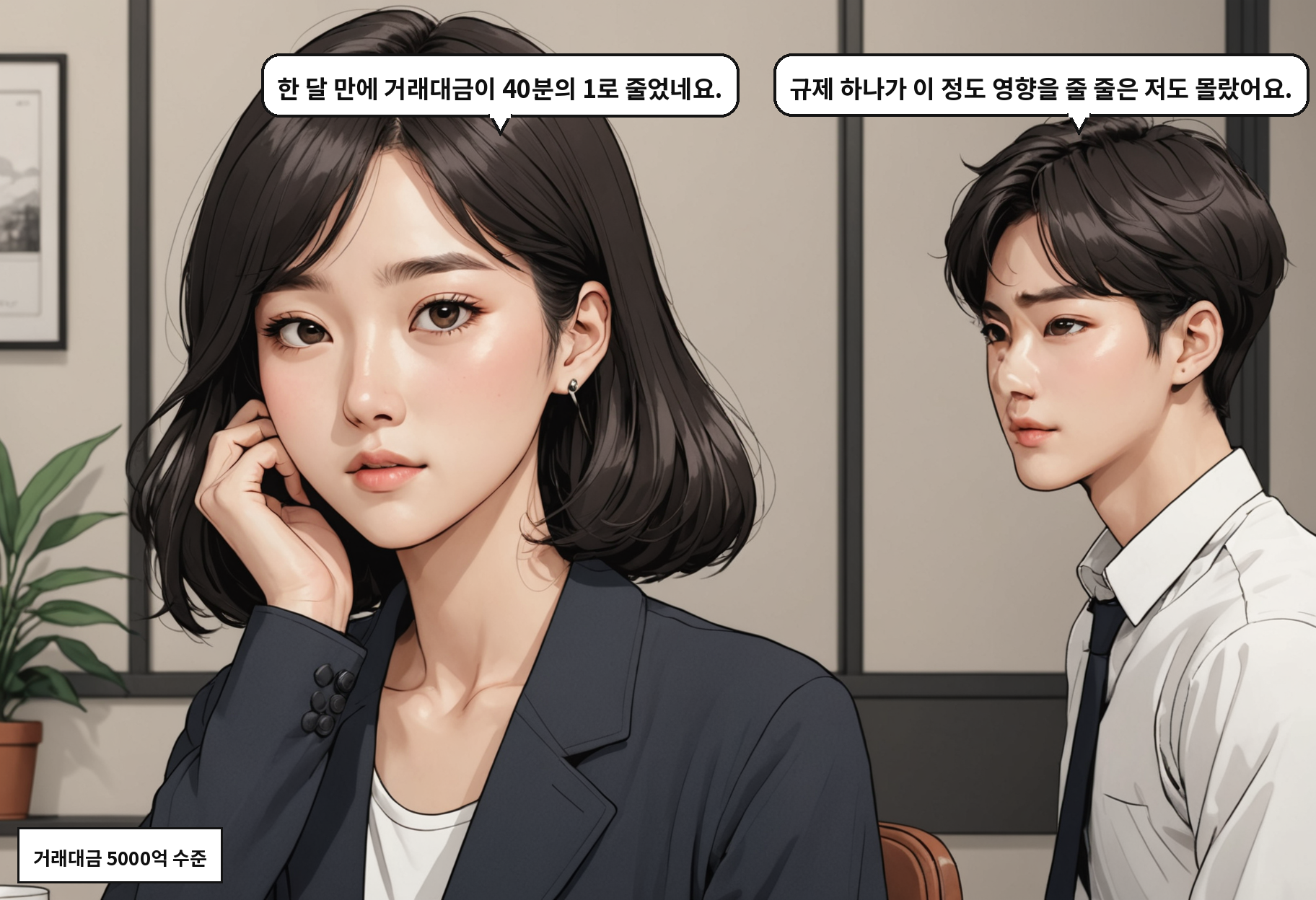 A: 한 달 만에 거래대금이 40분의 1로 줄었네요. B: 규제 하나가 이 정도 영향을 줄 줄은 저도 몰랐어요.