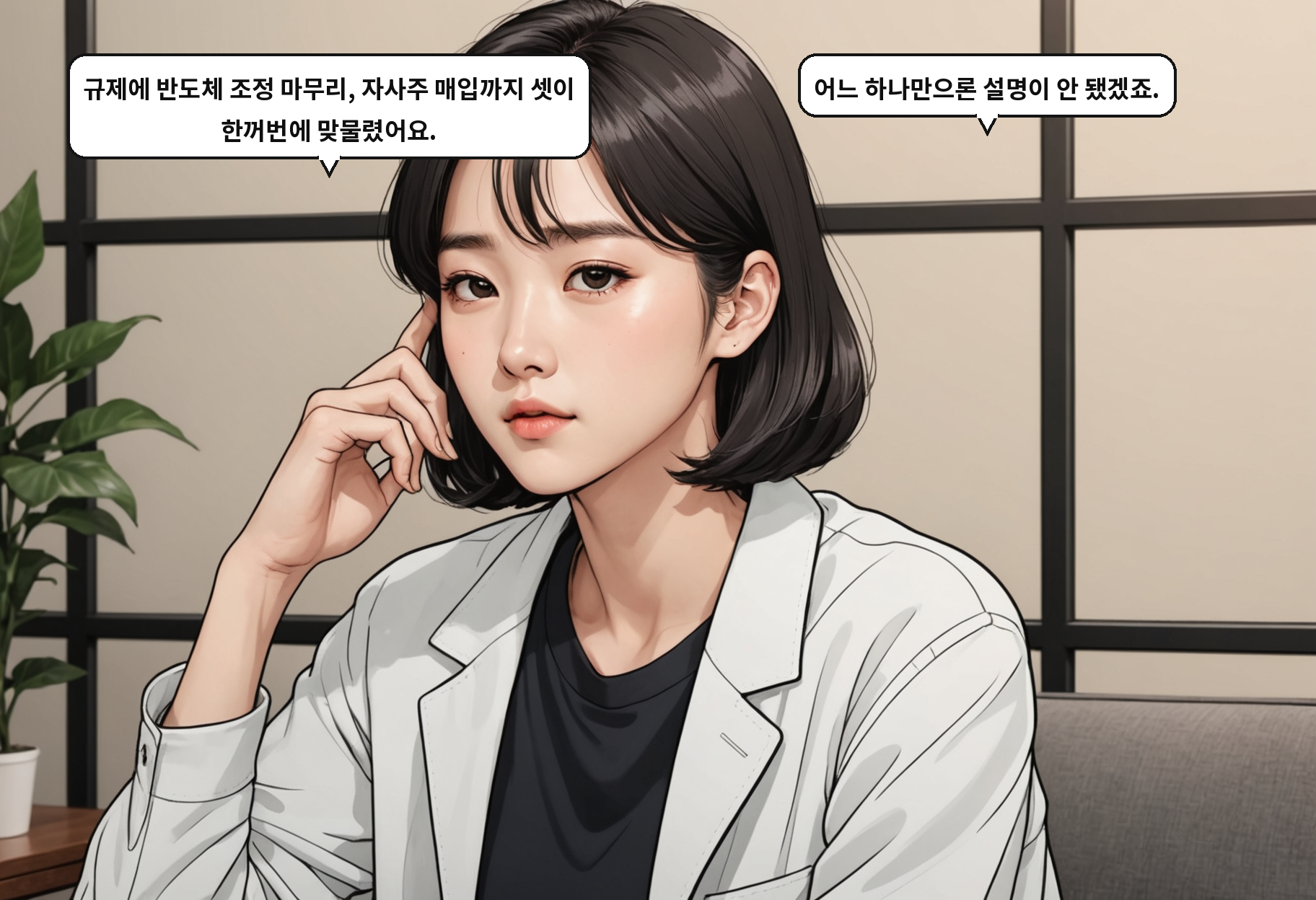 B: 규제에 반도체 조정 마무리, 자사주 매입까지 셋이 한꺼번에 맞물렸어요. A: 어느 하나만으론 설명이 안 됐겠죠.