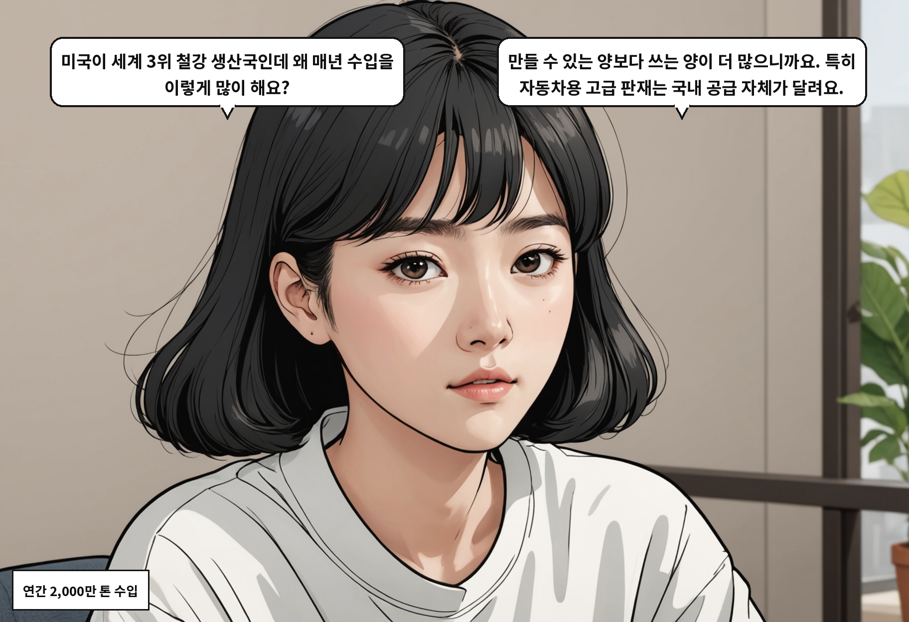 A: 미국이 세계 3위 철강 생산국인데 왜 매년 수입을 이렇게 많이 해요? B: 만들 수 있는 양보다 쓰는 양이 더 많으니까요. 특히 자동차용 고급 판재는 국내 공급 자체가 달려요.