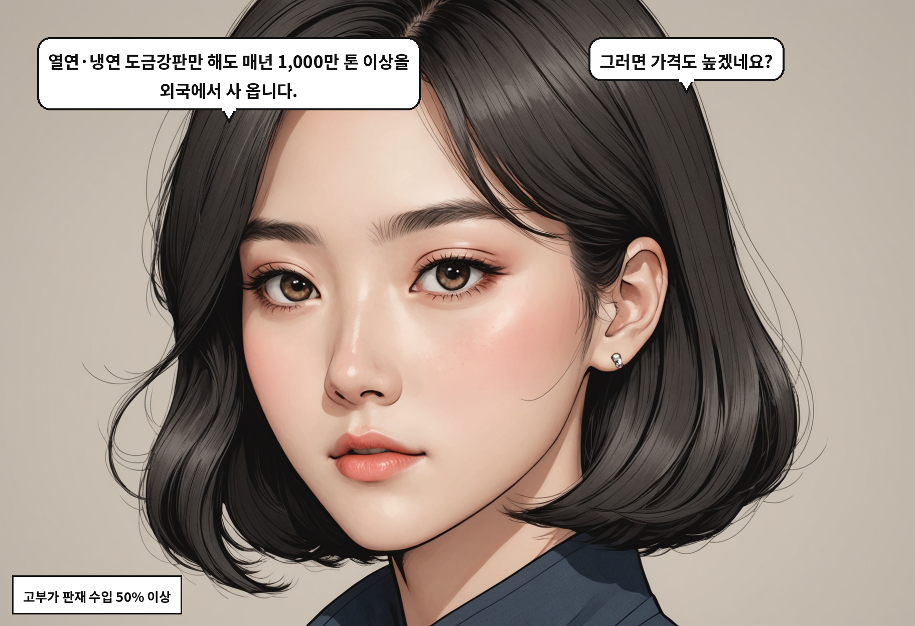 B: 열연·냉연 도금강판만 해도 매년 1,000만 톤 이상을 외국에서 사 옵니다. A: 그러면 가격도 높겠네요?