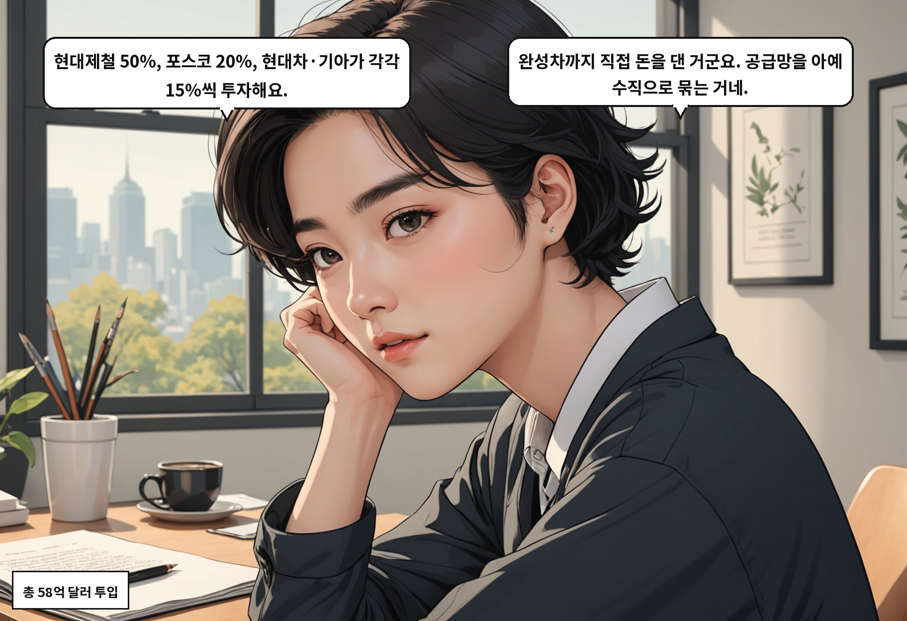 B: 현대제철 50%, 포스코 20%, 현대차·기아가 각각 15%씩 투자해요. A: 완성차까지 직접 돈을 댄 거군요. 공급망을 아예 수직으로 묶는 거네.