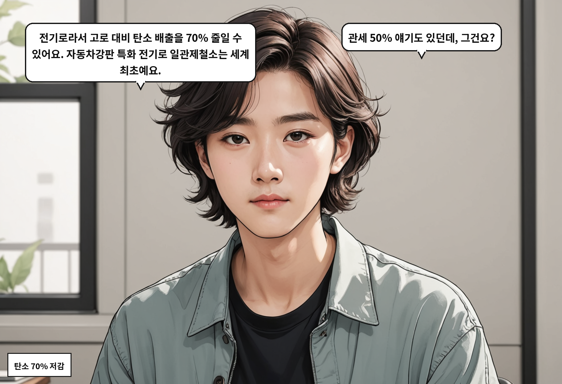 B: 전기로라서 고로 대비 탄소 배출을 70% 줄일 수 있어요. 자동차강판 특화 전기로 일관제철소는 세계 최초예요. A: 관세 50% 얘기도 있던데, 그건요?