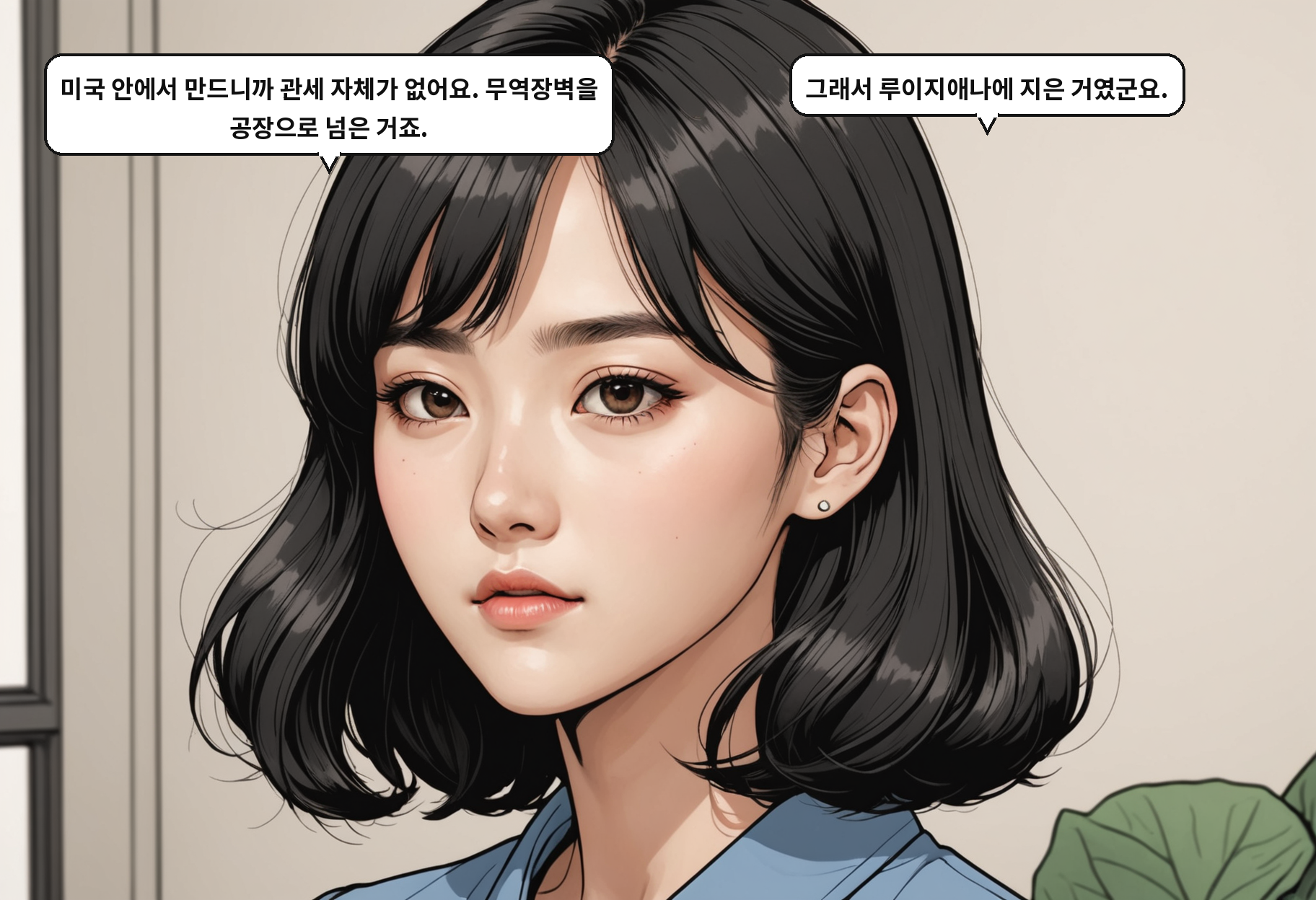 B: 미국 안에서 만드니까 관세 자체가 없어요. 무역장벽을 공장으로 넘은 거죠. A: 그래서 루이지애나에 지은 거였군요.