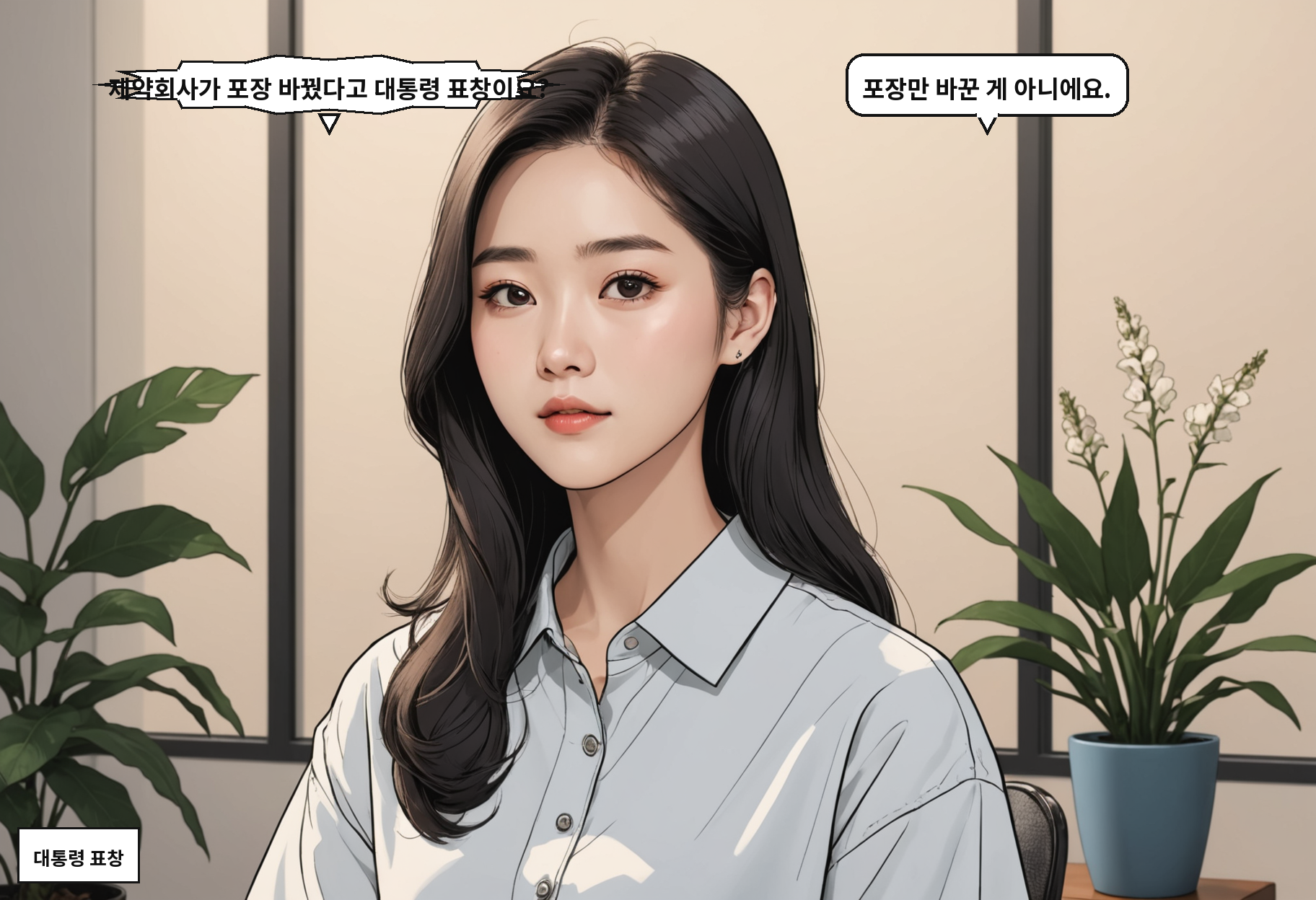 B: 제약회사가 포장 바꿨다고 대통령 표창이요? A: 포장만 바꾼 게 아니에요.
