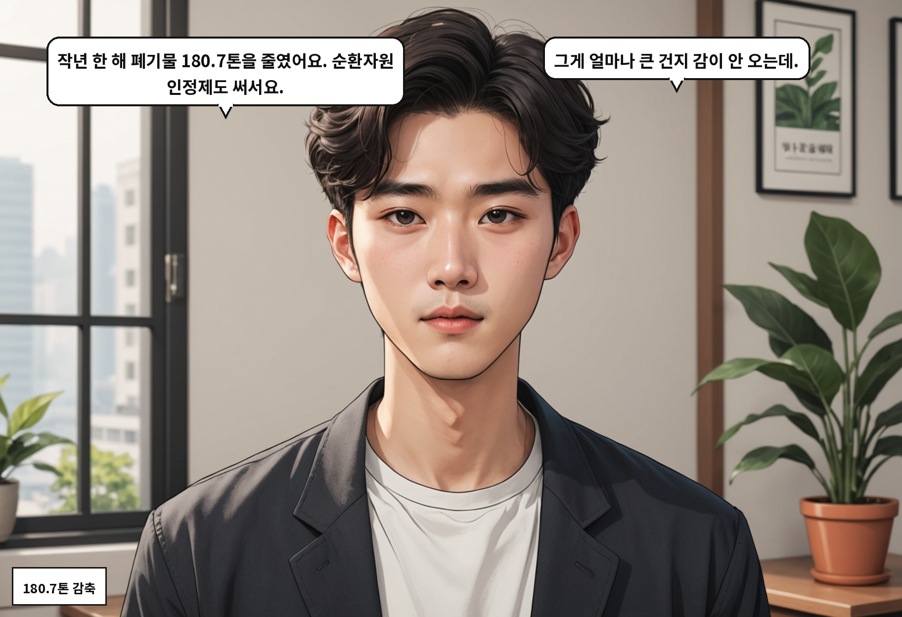 A: 작년 한 해 폐기물 180.7톤을 줄였어요. 순환자원 인정제도 써서요. B: 그게 얼마나 큰 건지 감이 안 오는데.