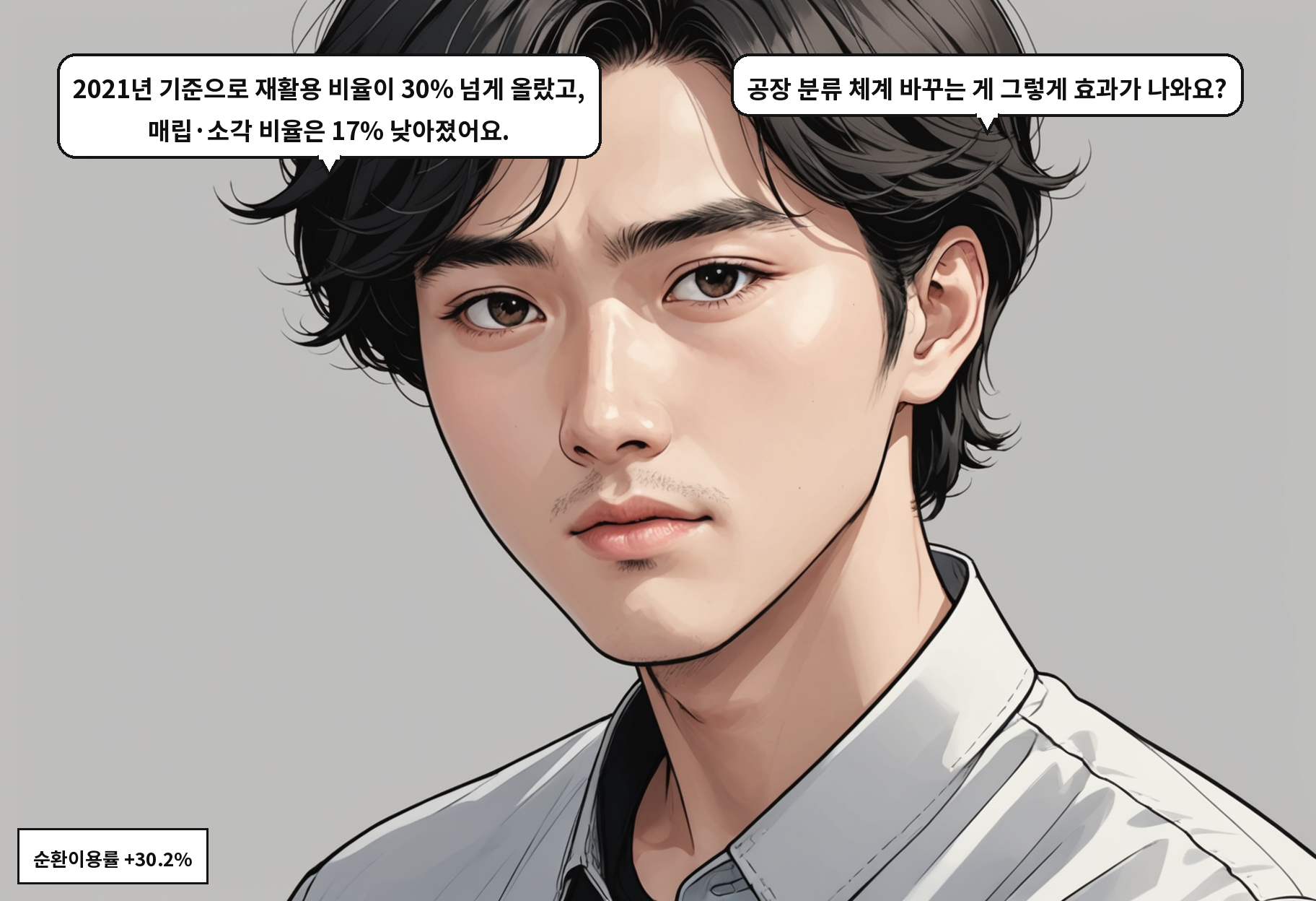 A: 2021년 기준으로 재활용 비율이 30% 넘게 올랐고, 매립·소각 비율은 17% 낮아졌어요. B: 공장 분류 체계 바꾸는 게 그렇게 효과가 나와요?