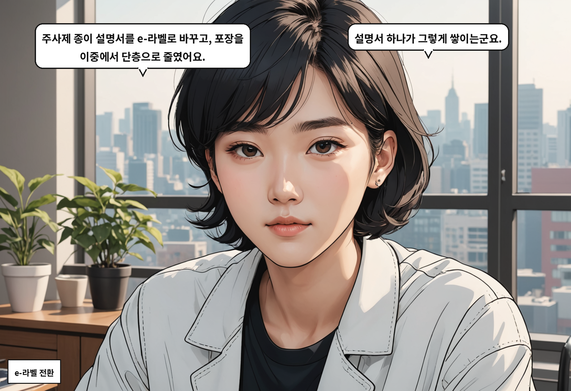 A: 주사제 종이 설명서를 e-라벨로 바꾸고, 포장을 이중에서 단층으로 줄였어요. B: 설명서 하나가 그렇게 쌓이는군요.