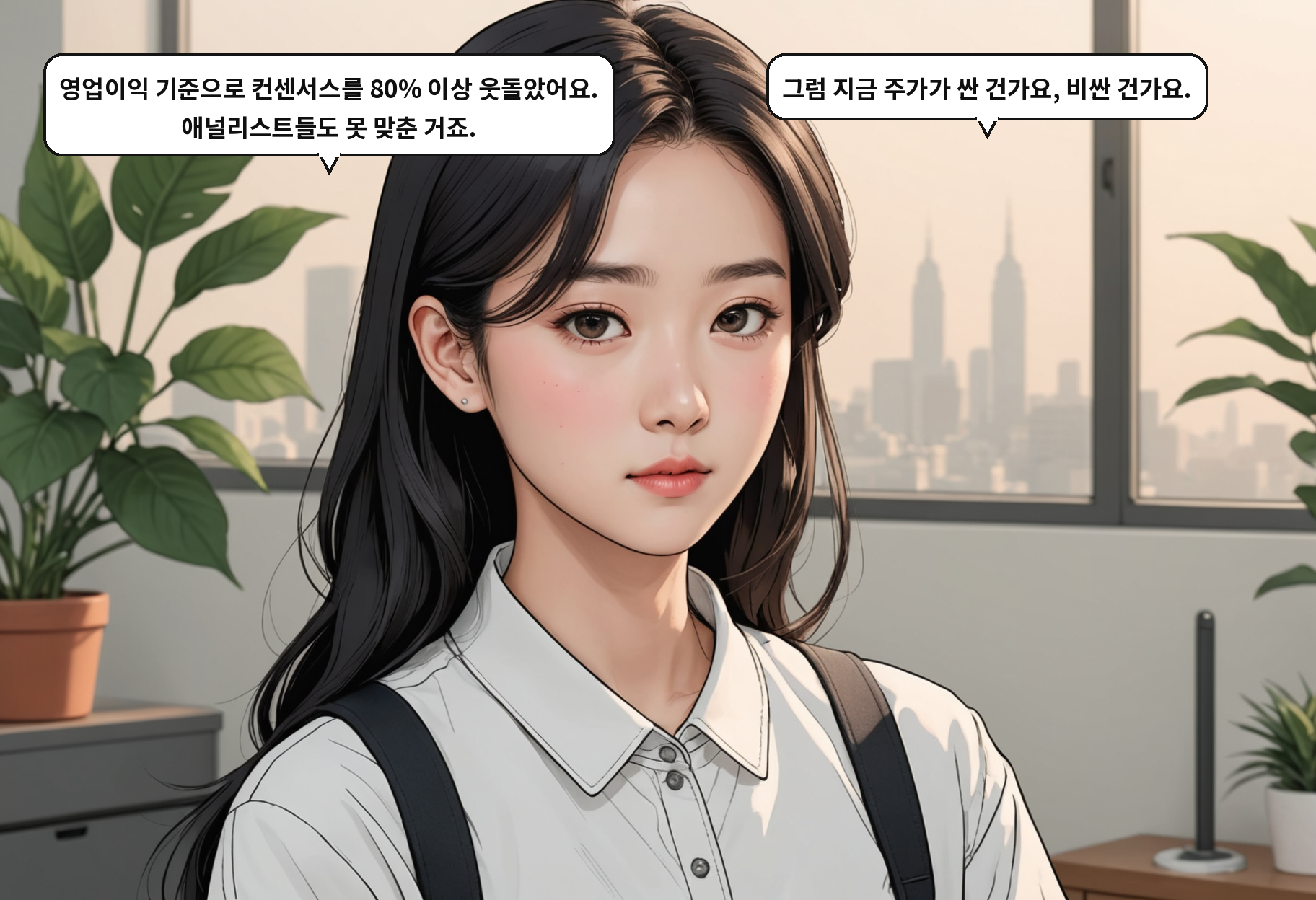 A: 영업이익 기준으로 컨센서스를 80% 이상 웃돌았어요. 애널리스트들도 못 맞춘 거죠. B: 그럼 지금 주가가 싼 건가요, 비싼 건가요.