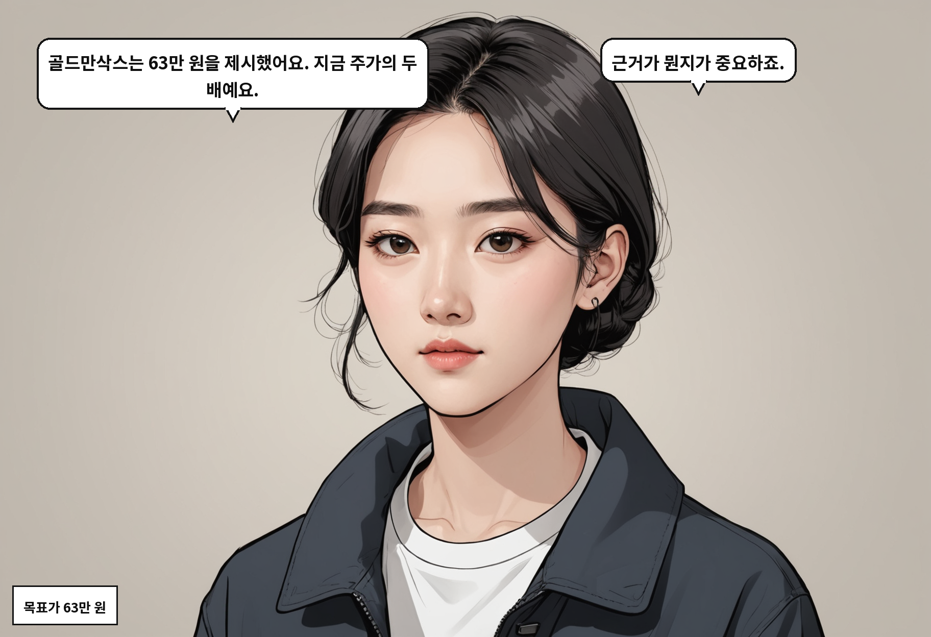 A: 골드만삭스는 63만 원을 제시했어요. 지금 주가의 두 배예요. B: 근거가 뭔지가 중요하죠.