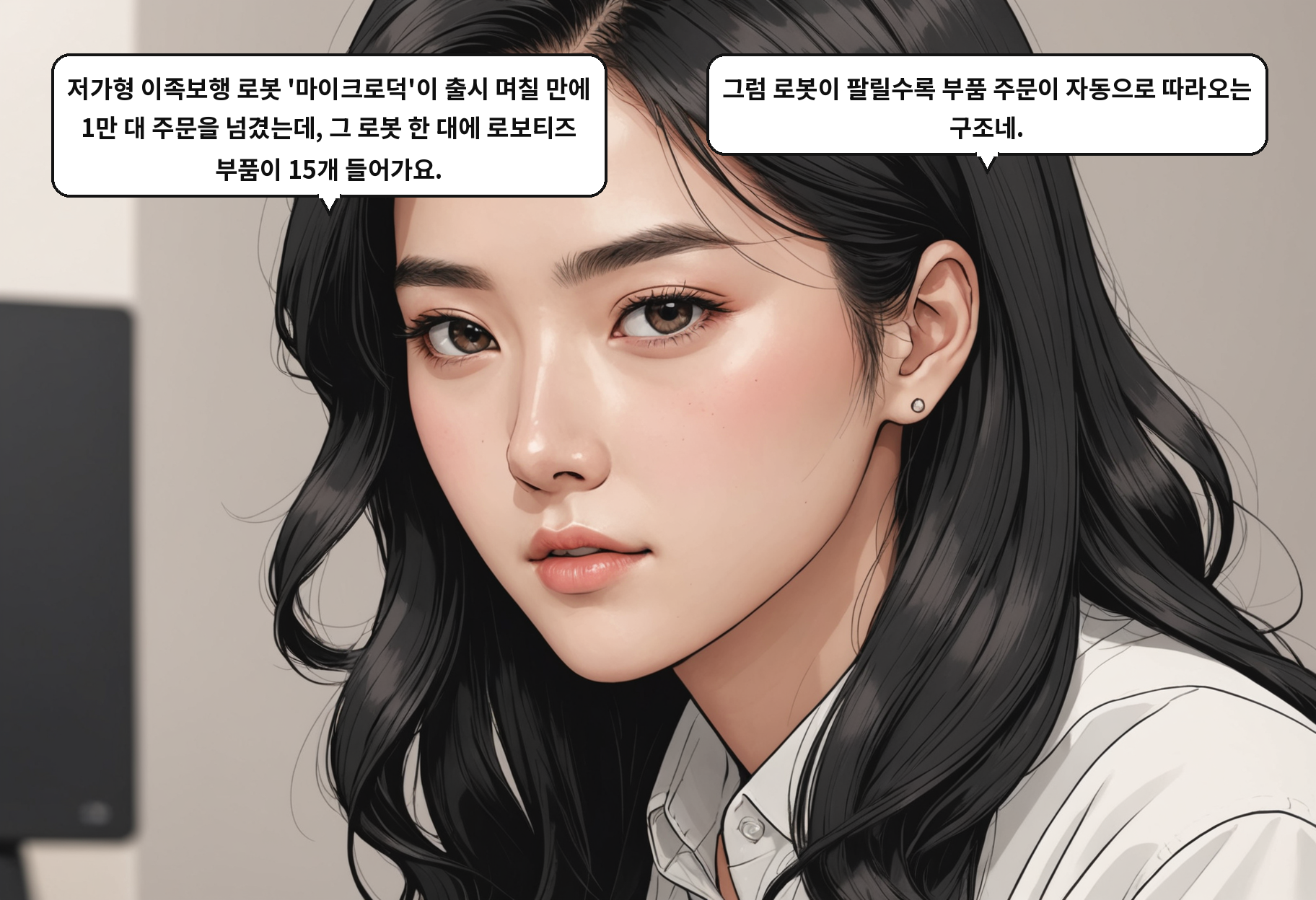 A: 저가형 이족보행 로봇 '마이크로덕'이 출시 며칠 만에 1만 대 주문을 넘겼는데, 그 로봇 한 대에 로보티즈 부품이 15개 들어가요. B: 그럼 로봇이 팔릴수록 부품 주문이 자동으로 따라오는 구조네.