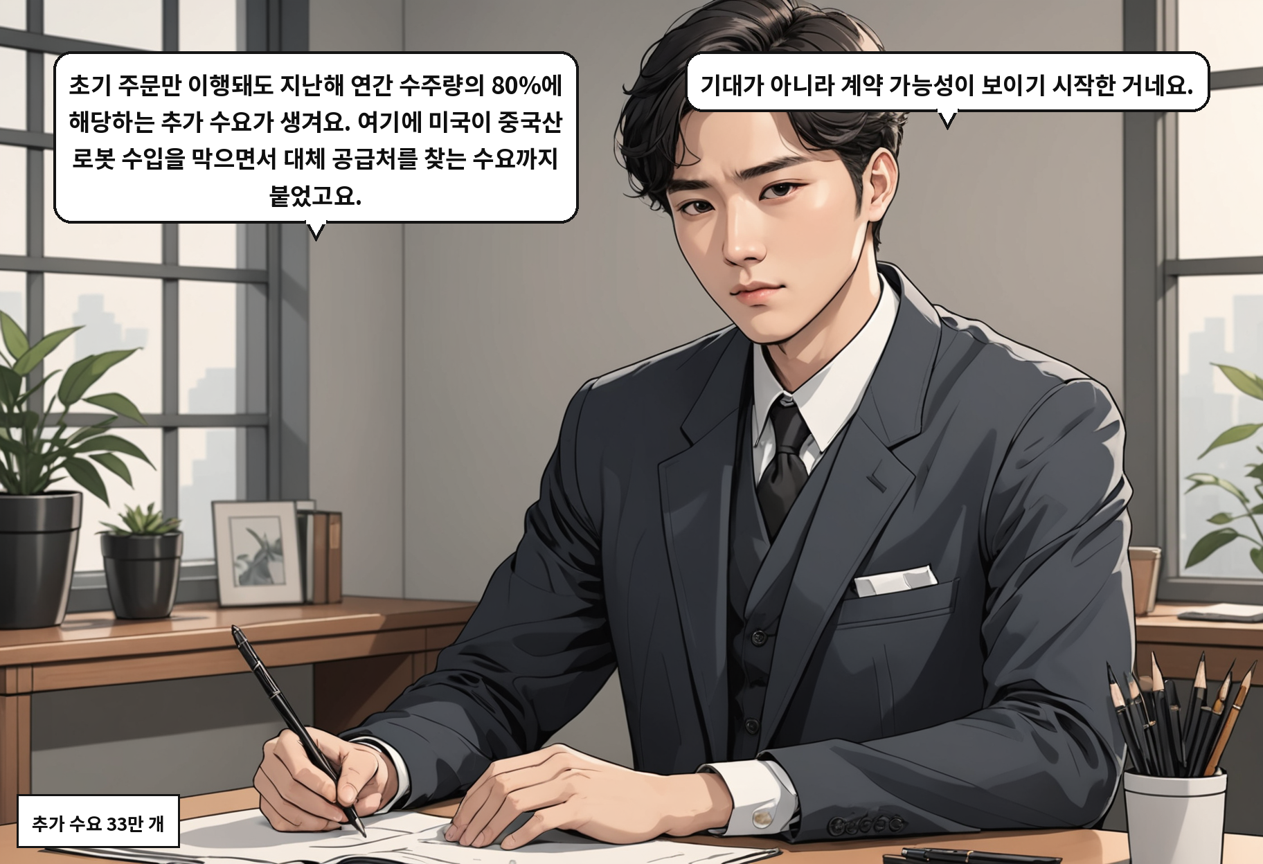 A: 초기 주문만 이행돼도 지난해 연간 수주량의 80%에 해당하는 추가 수요가 생겨요. 여기에 미국이 중국산 로봇 수입을 막으면서 대체 공급처를 찾는 수요까지 붙었고요. B: 기대가 아니라 계약 가능성이 보이기 시작한 거네요.