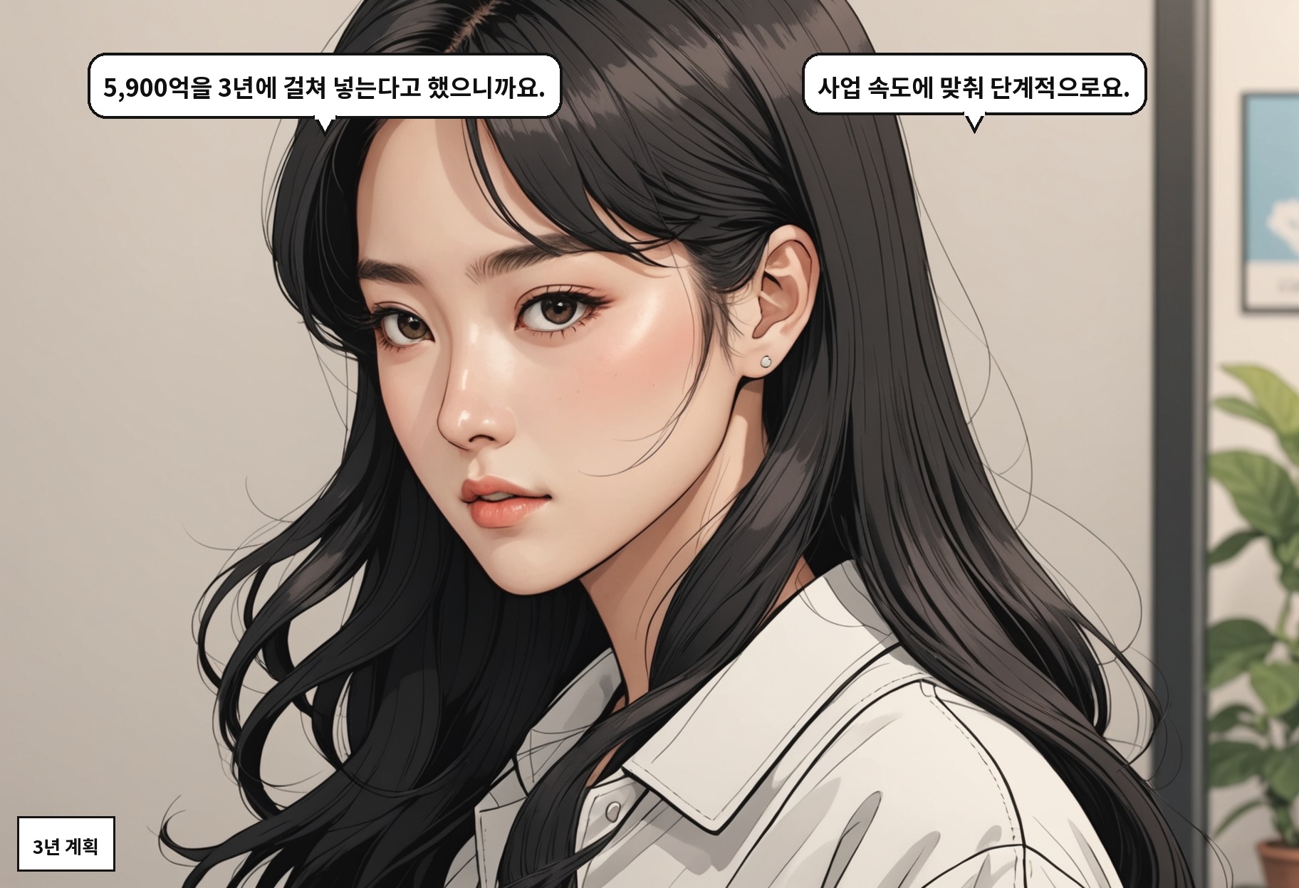 B: 5,900억을 3년에 걸쳐 넣는다고 했으니까요. A: 사업 속도에 맞춰 단계적으로요.