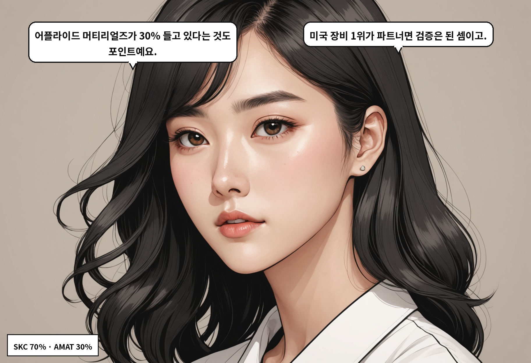 A: 어플라이드 머티리얼즈가 30% 들고 있다는 것도 포인트예요. B: 미국 장비 1위가 파트너면 검증은 된 셈이고.