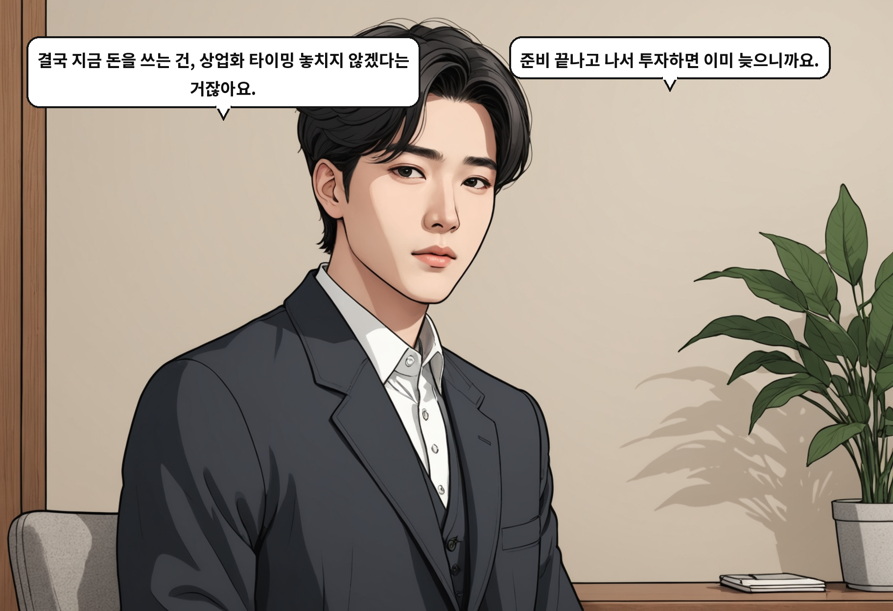 A: 결국 지금 돈을 쓰는 건, 상업화 타이밍 놓치지 않겠다는 거잖아요. B: 준비 끝나고 나서 투자하면 이미 늦으니까요.