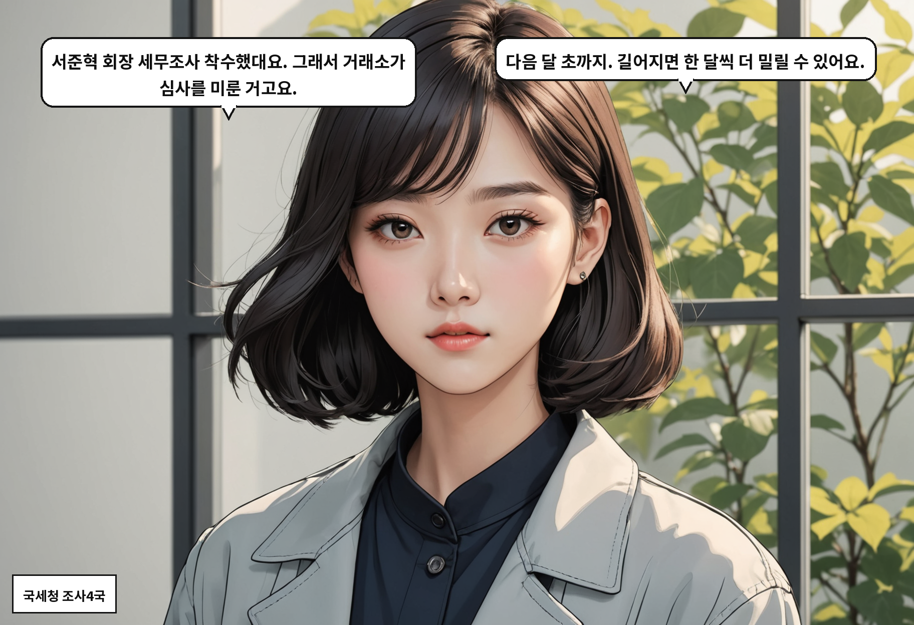 A: 서준혁 회장 세무조사 착수했대요. 그래서 거래소가 심사를 미룬 거고요. B: 다음 달 초까지. 길어지면 한 달씩 더 밀릴 수 있어요.