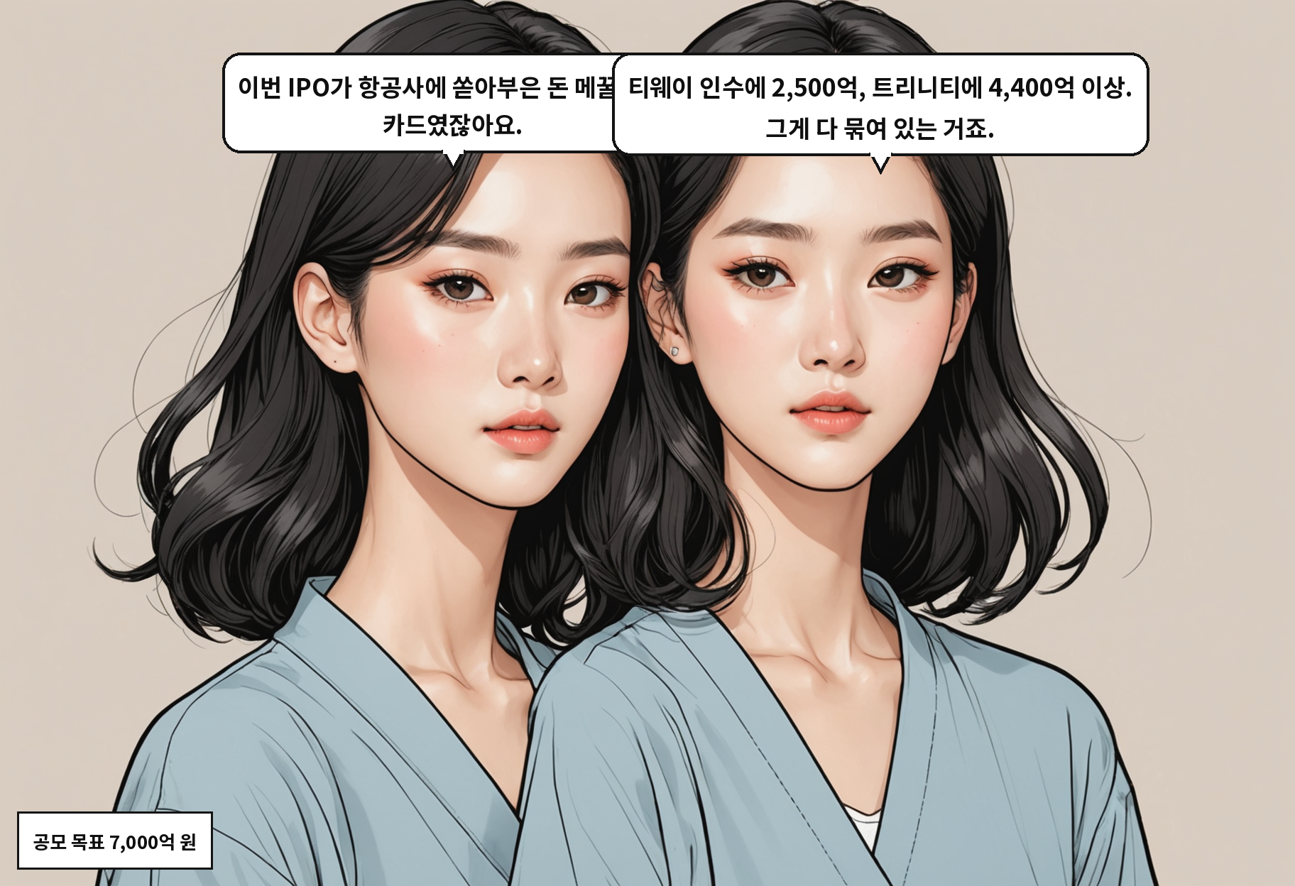 A: 이번 IPO가 항공사에 쏟아부은 돈 메꿀 핵심 카드였잖아요. B: 티웨이 인수에 2,500억, 트리니티에 4,400억 이상. 그게 다 묶여 있는 거죠.