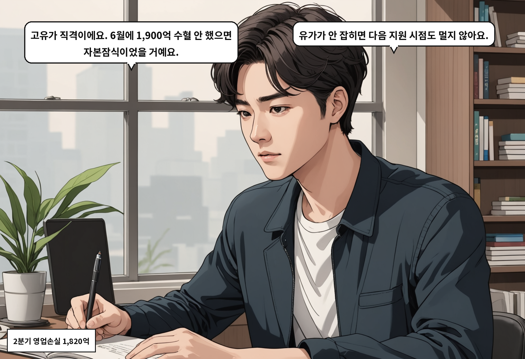 A: 고유가 직격이에요. 6월에 1,900억 수혈 안 했으면 자본잠식이었을 거예요. B: 유가가 안 잡히면 다음 지원 시점도 멀지 않아요.