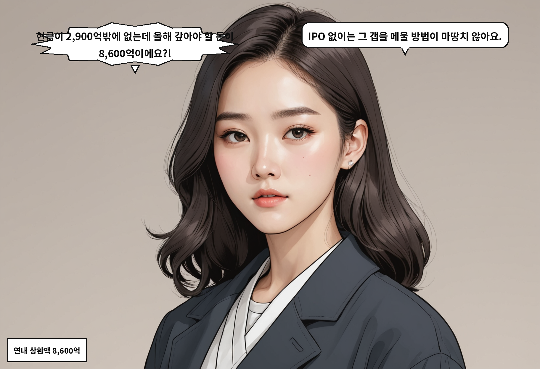 A: 현금이 2,900억밖에 없는데 올해 갚아야 할 돈이 8,600억이에요?! B: IPO 없이는 그 갭을 메울 방법이 마땅치 않아요.