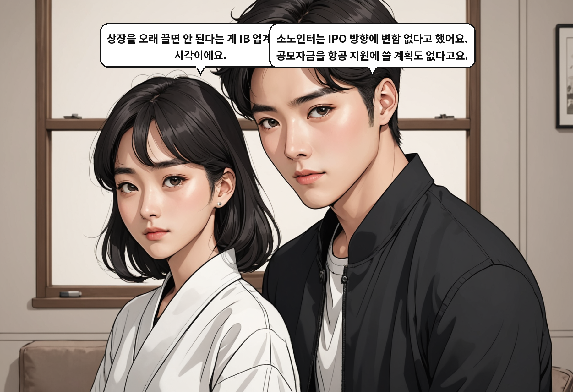 B: 상장을 오래 끌면 안 된다는 게 IB 업계 공통 시각이에요. A: 소노인터는 IPO 방향에 변함 없다고 했어요. 공모자금을 항공 지원에 쓸 계획도 없다고요.