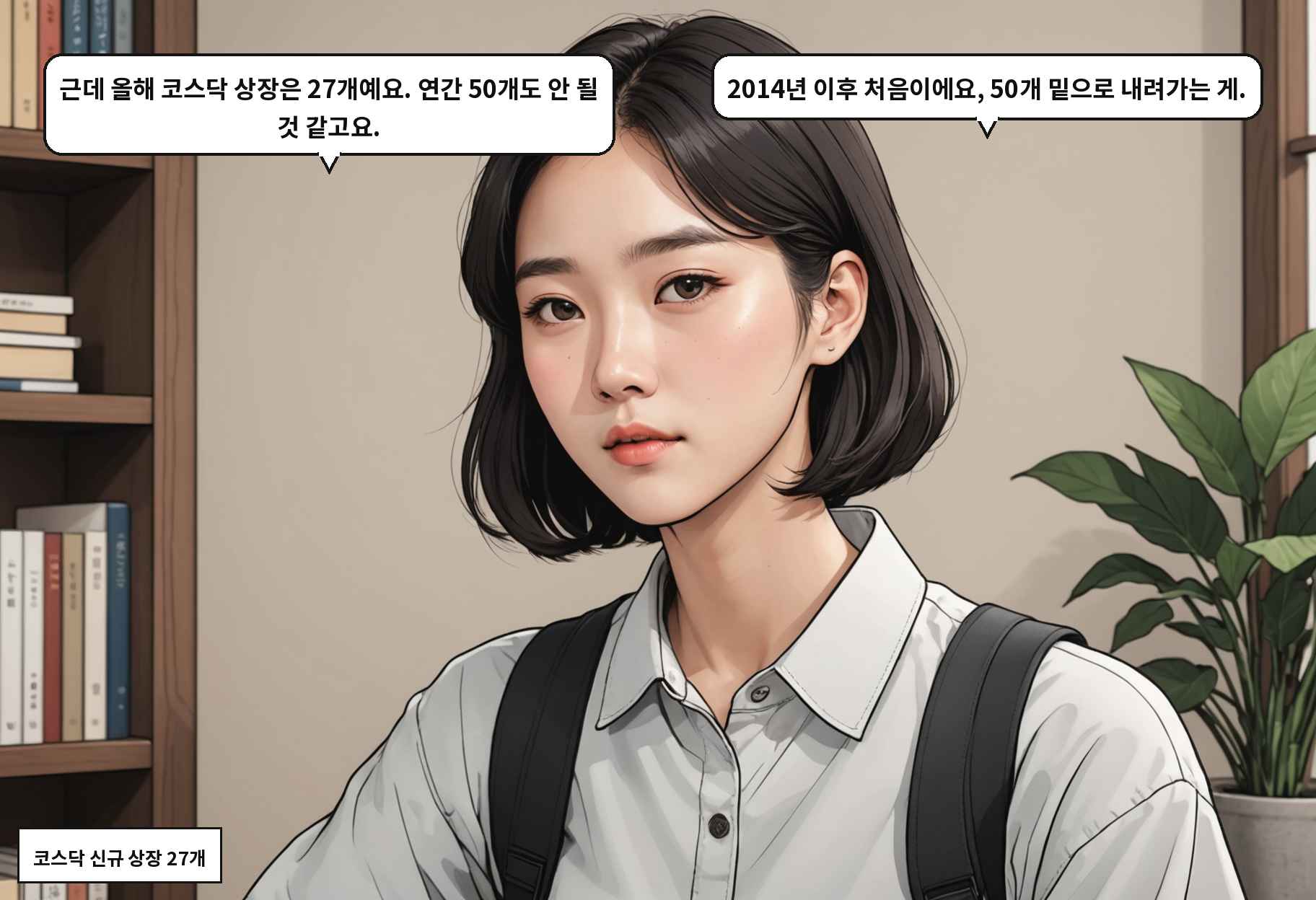 A: 근데 올해 코스닥 상장은 27개예요. 연간 50개도 안 될 것 같고요. B: 2014년 이후 처음이에요, 50개 밑으로 내려가는 게.
