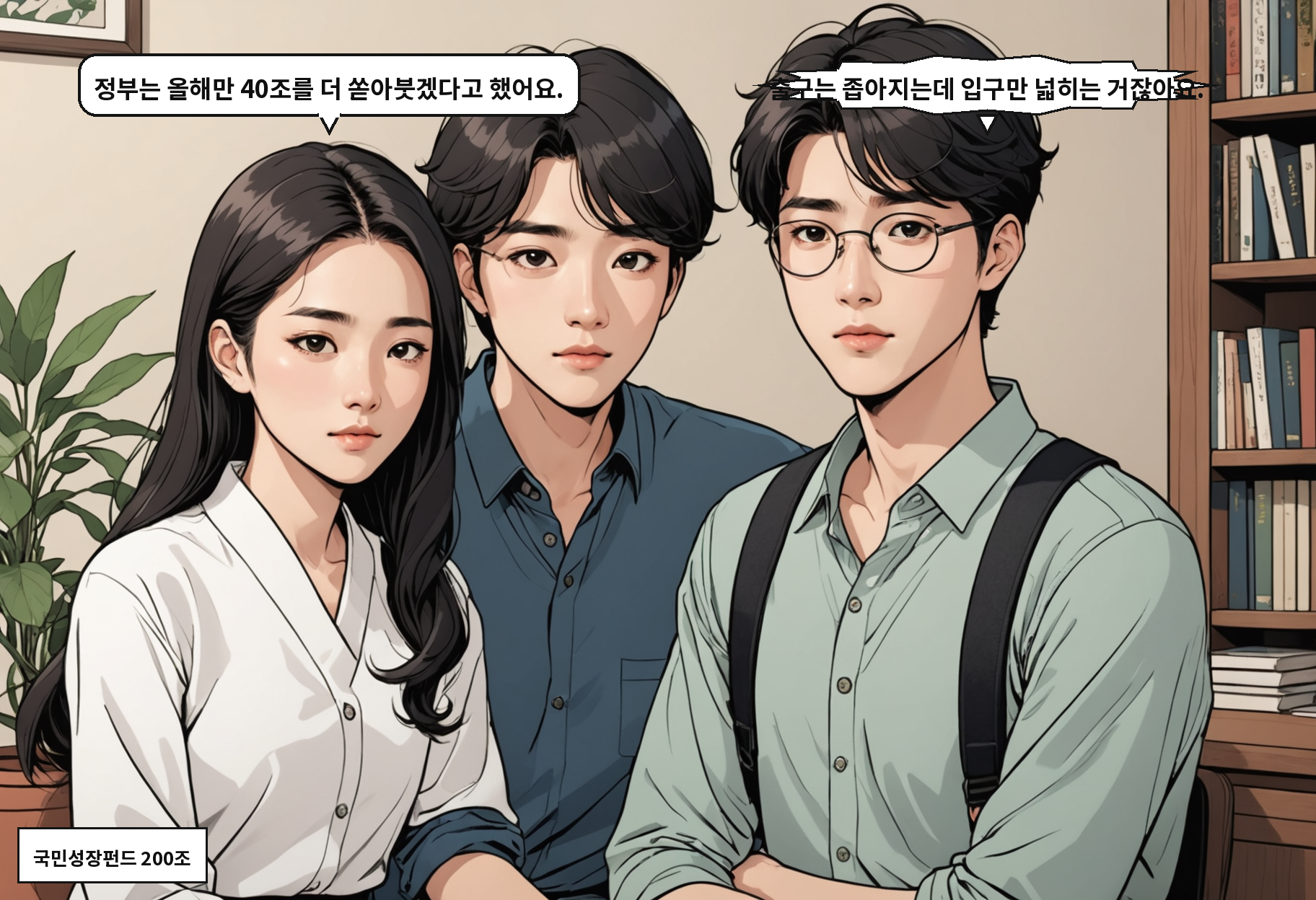 B: 정부는 올해만 40조를 더 쏟아붓겠다고 했어요. A: 출구는 좁아지는데 입구만 넓히는 거잖아요.