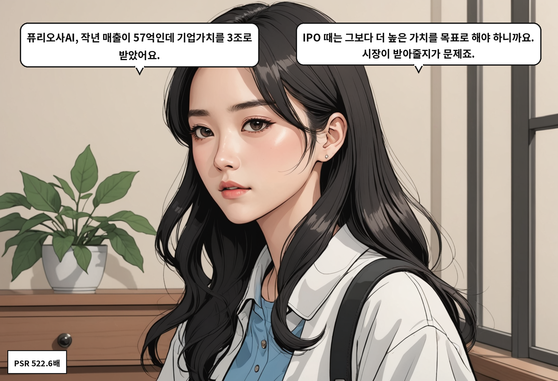 A: 퓨리오사AI, 작년 매출이 57억인데 기업가치를 3조로 받았어요. B: IPO 때는 그보다 더 높은 가치를 목표로 해야 하니까요. 시장이 받아줄지가 문제죠.