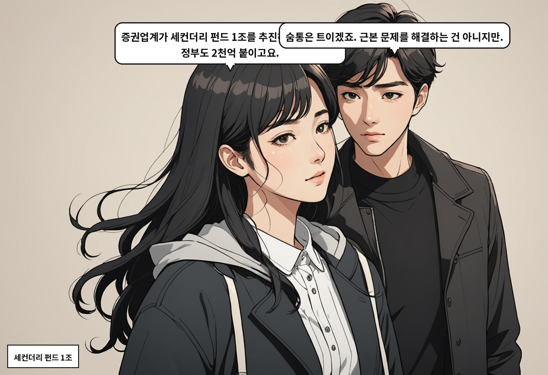 A: 증권업계가 세컨더리 펀드 1조를 추진하기로 했대요. 정부도 2천억 붙이고요. B: 숨통은 트이겠죠. 근본 문제를 해결하는 건 아니지만.