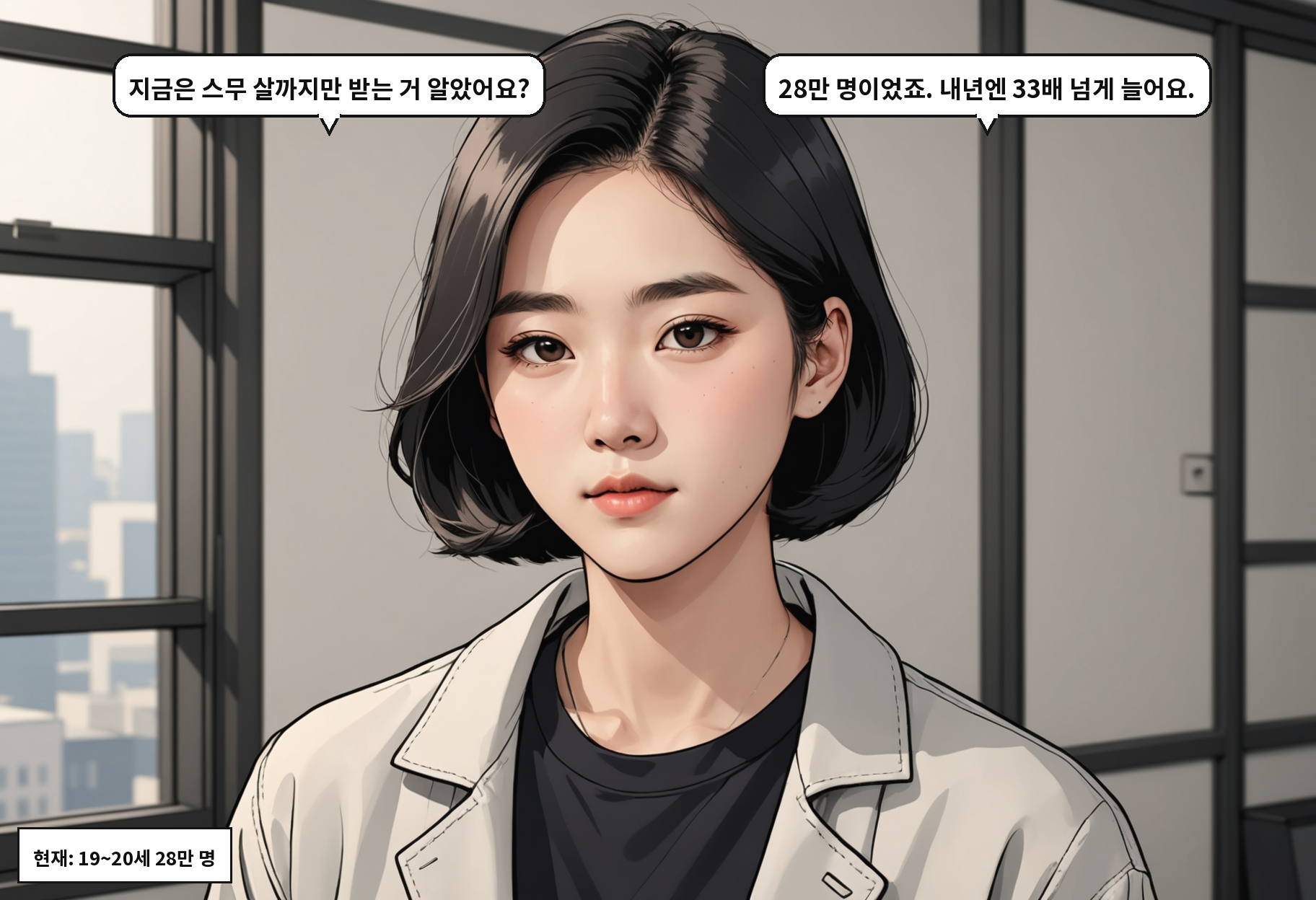 A: 지금은 스무 살까지만 받는 거 알았어요? B: 28만 명이었죠. 내년엔 33배 넘게 늘어요.