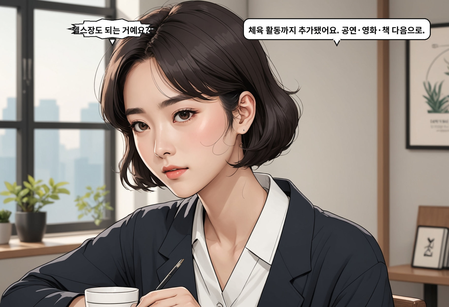 A: 헬스장도 되는 거예요?! B: 체육 활동까지 추가됐어요. 공연·영화·책 다음으로.