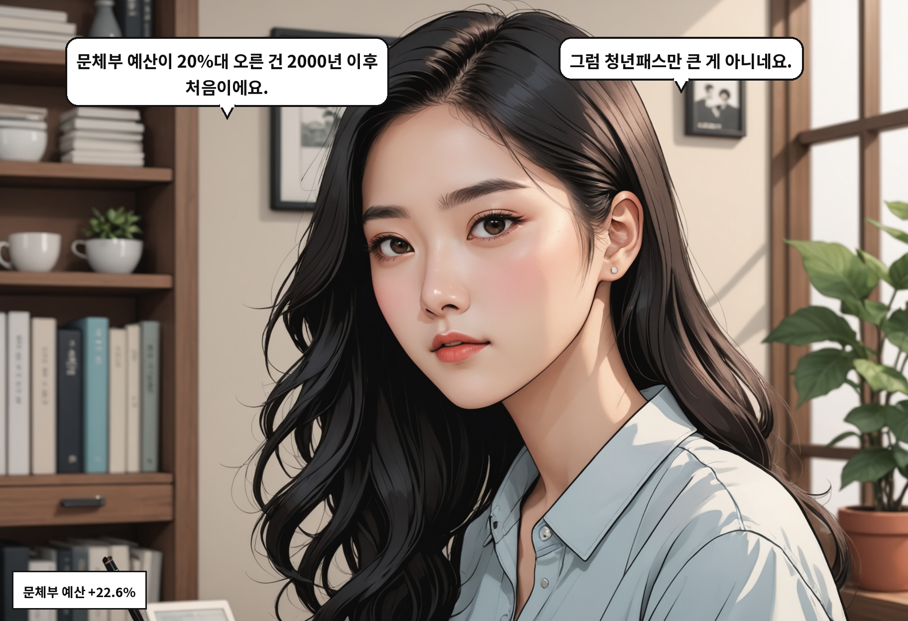 B: 문체부 예산이 20%대 오른 건 2000년 이후 처음이에요. A: 그럼 청년패스만 큰 게 아니네요.