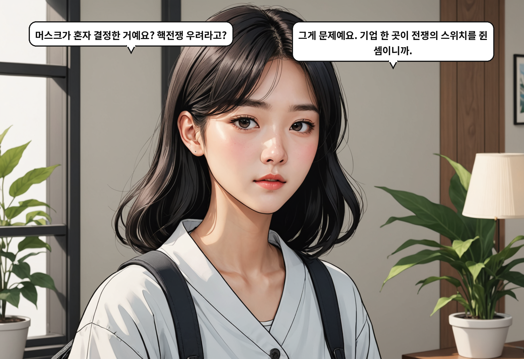 A: 머스크가 혼자 결정한 거예요? 핵전쟁 우려라고? B: 그게 문제예요. 기업 한 곳이 전쟁의 스위치를 쥔 셈이니까.