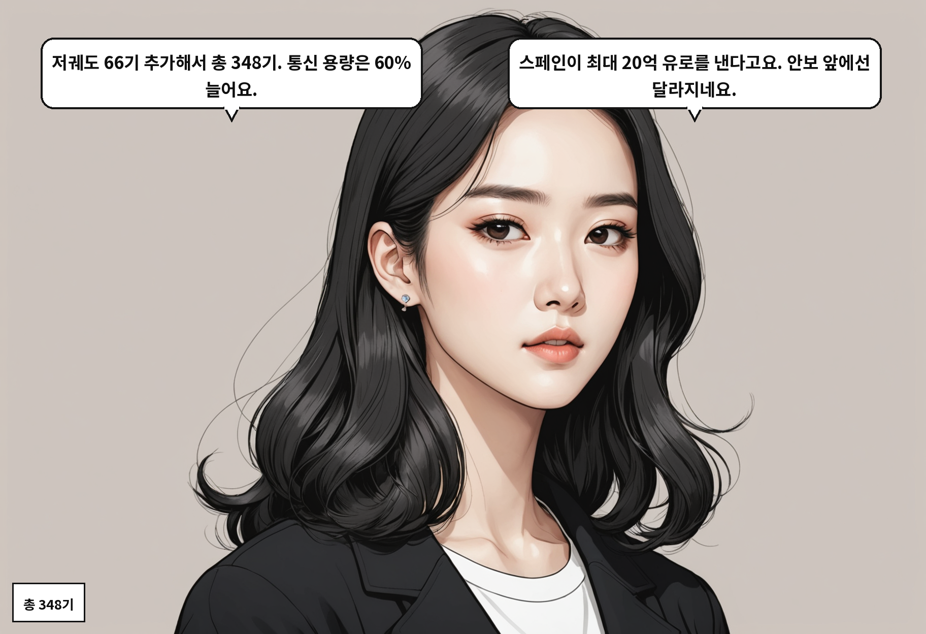 B: 저궤도 66기 추가해서 총 348기. 통신 용량은 60% 늘어요. A: 스페인이 최대 20억 유로를 낸다고요. 안보 앞에선 달라지네요.