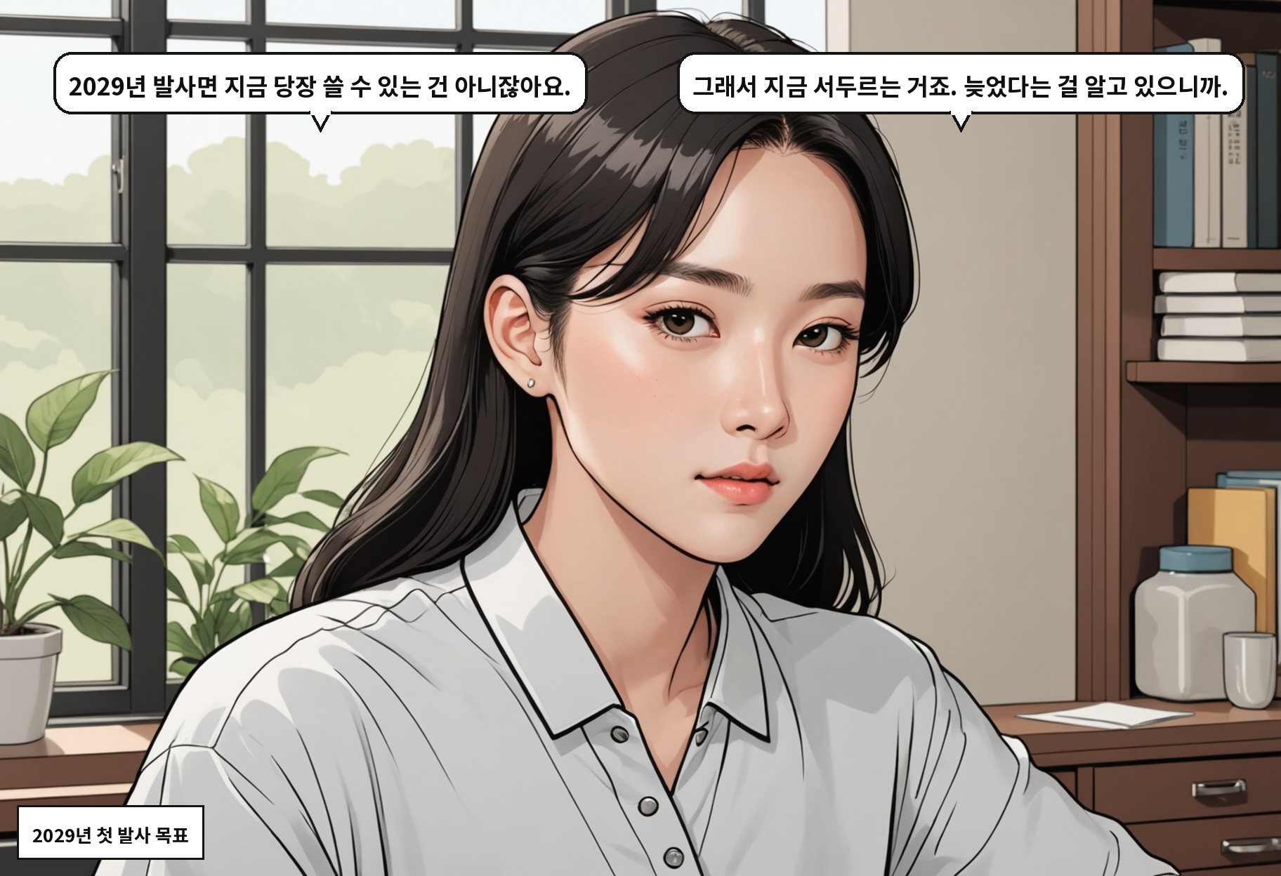 A: 2029년 발사면 지금 당장 쓸 수 있는 건 아니잖아요. B: 그래서 지금 서두르는 거죠. 늦었다는 걸 알고 있으니까.