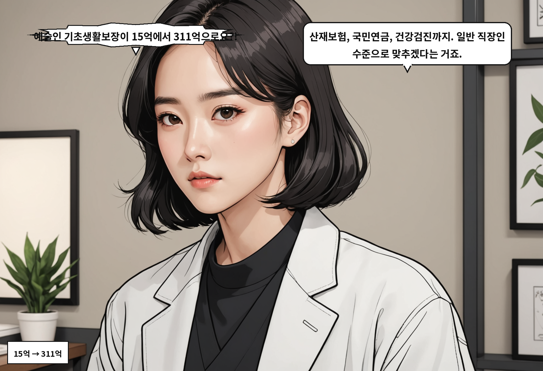 A: 예술인 기초생활보장이 15억에서 311억으로요?! B: 산재보험, 국민연금, 건강검진까지. 일반 직장인 수준으로 맞추겠다는 거죠.