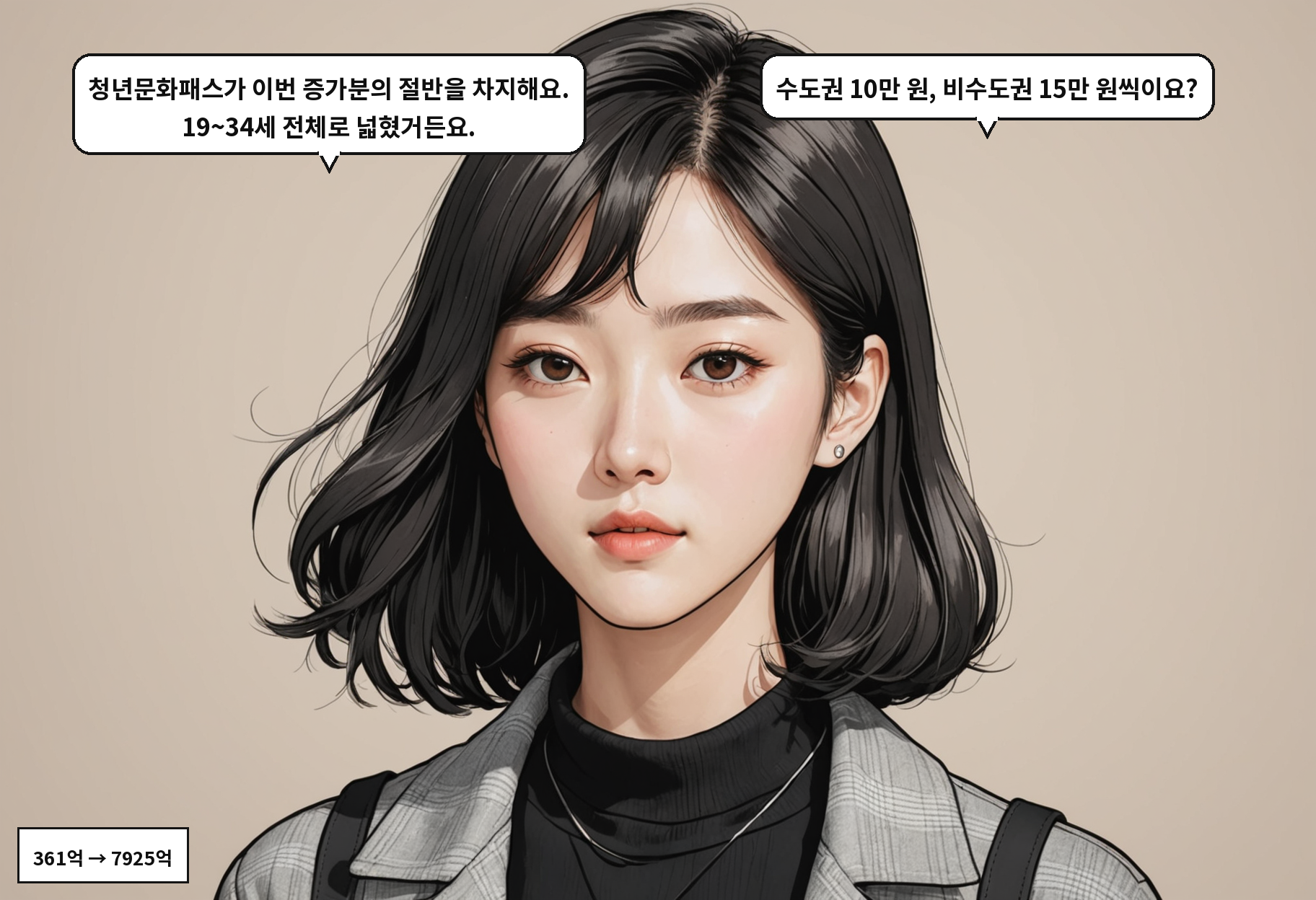 B: 청년문화패스가 이번 증가분의 절반을 차지해요. 19~34세 전체로 넓혔거든요. A: 수도권 10만 원, 비수도권 15만 원씩이요?