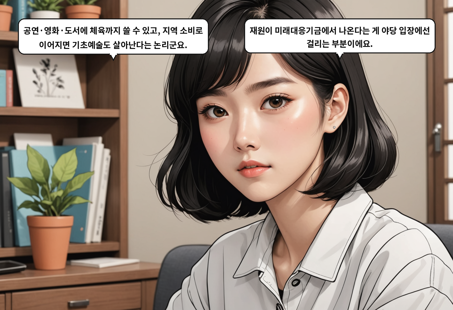 A: 공연·영화·도서에 체육까지 쓸 수 있고, 지역 소비로 이어지면 기초예술도 살아난다는 논리군요. B: 재원이 미래대응기금에서 나온다는 게 야당 입장에선 걸리는 부분이에요.
