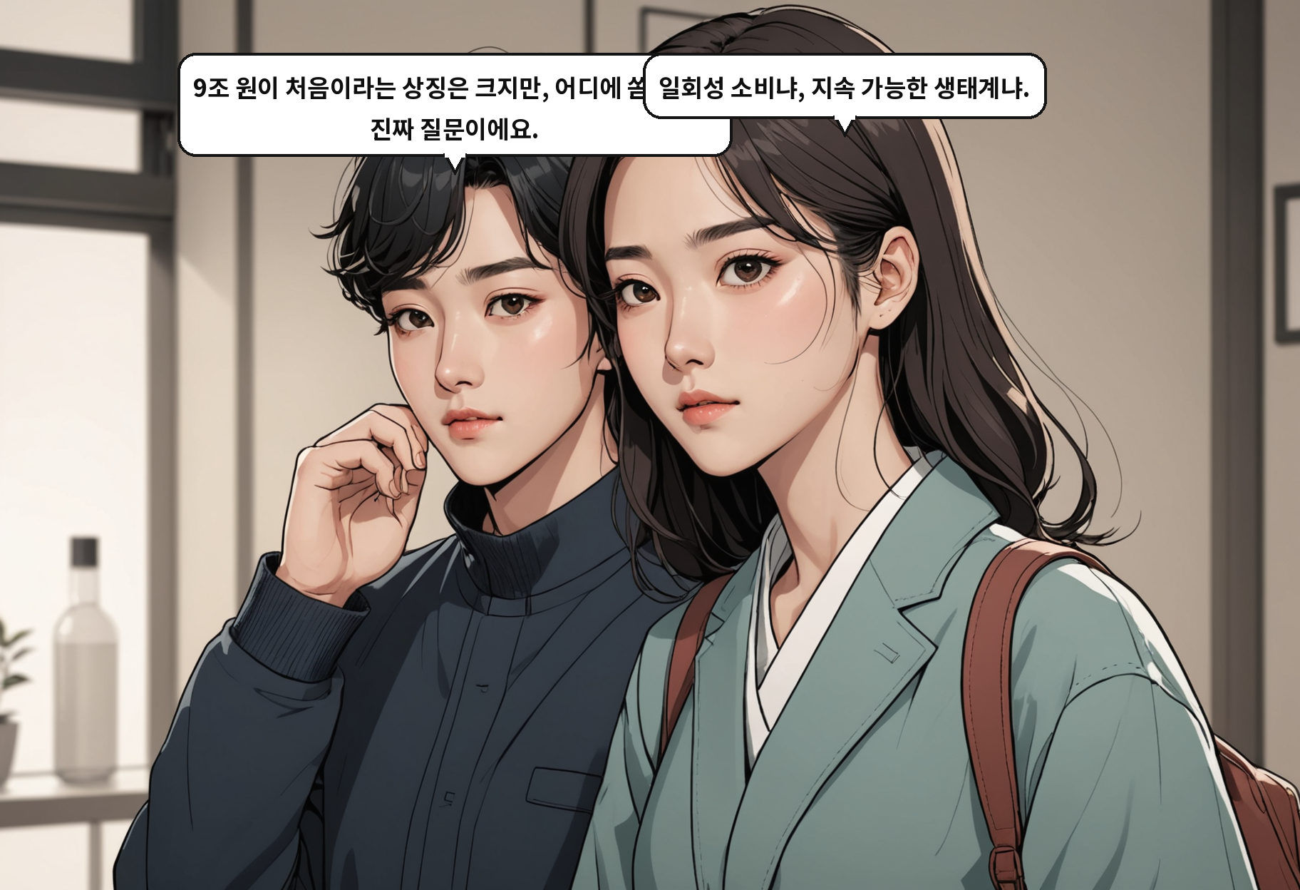 B: 9조 원이 처음이라는 상징은 크지만, 어디에 쏟느냐가 진짜 질문이에요. A: 일회성 소비냐, 지속 가능한 생태계냐.