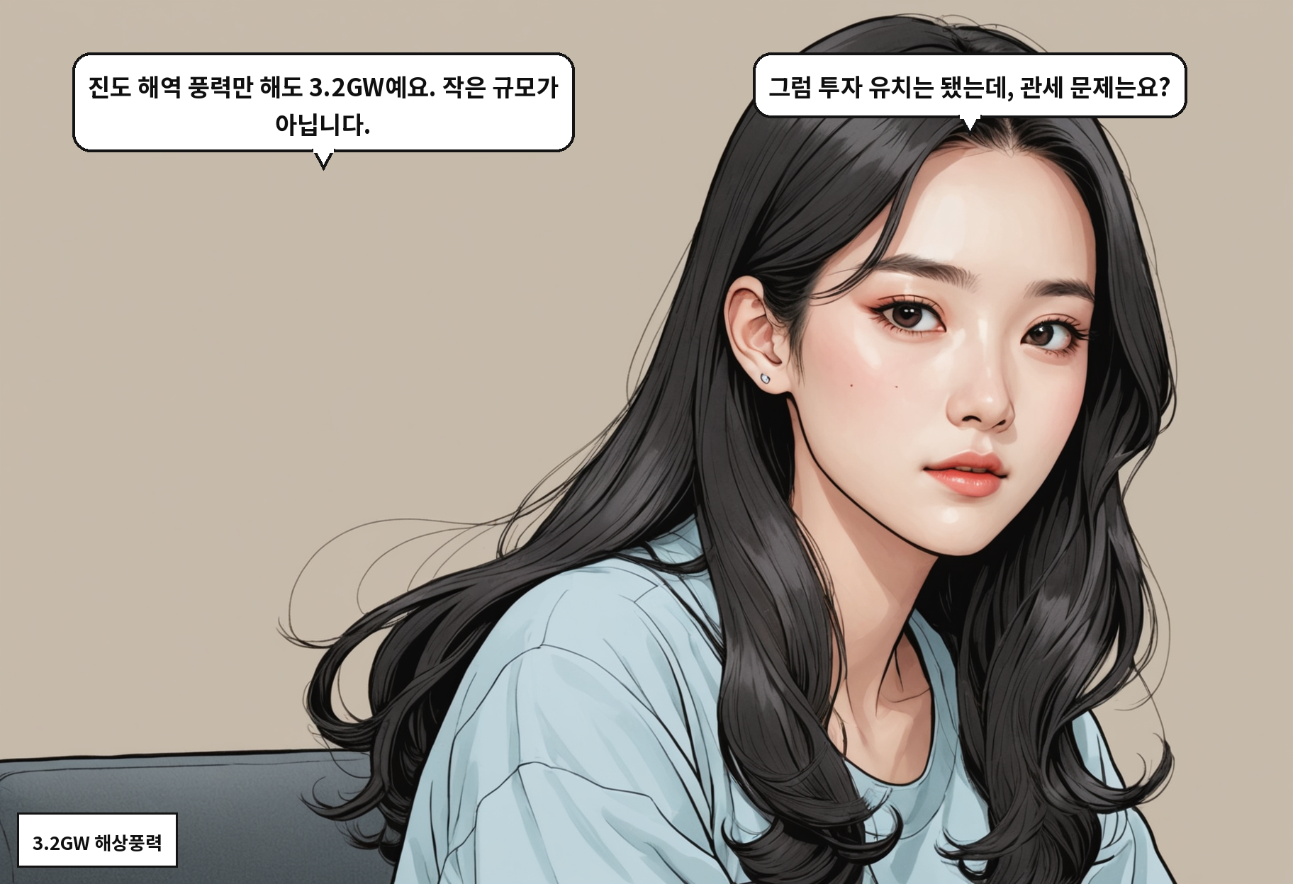 A: 진도 해역 해상풍력은 규모가 어마어마하던데요. B: 원전 세 기 분량이에요. 그냥 발전소 하나가 아니죠.